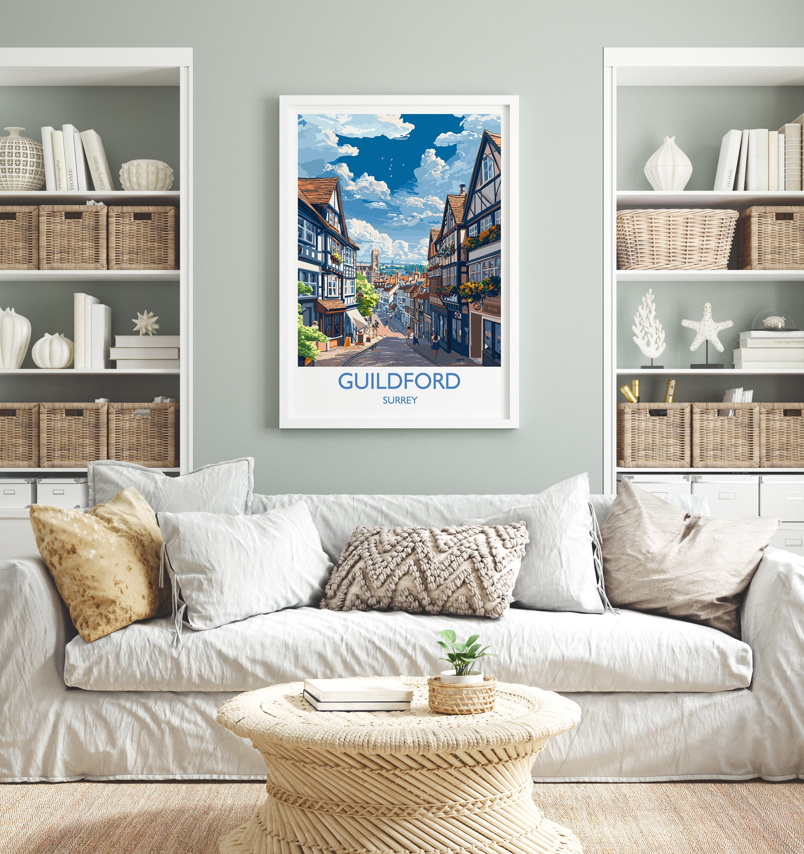 Guildford Travel Print, Travel Poster of Guildford, Surrey Poster, Guildford Art Gift, London Art Lovers UK Travel Gift NQ Media Designs