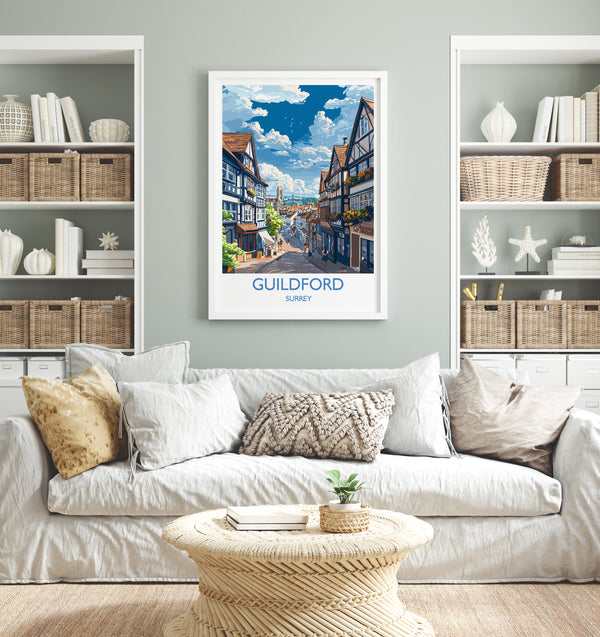 Guildford Travel Print, Travel Poster of Guildford, Surrey Poster, Guildford Art Gift, London Art Lovers UK Travel Gift