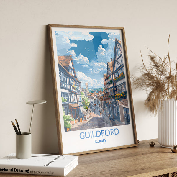 Guildford Travel Print, Travel Poster of Guildford, Surrey Poster, Guildford Art Gift, London Art Lovers UK Travel Gift