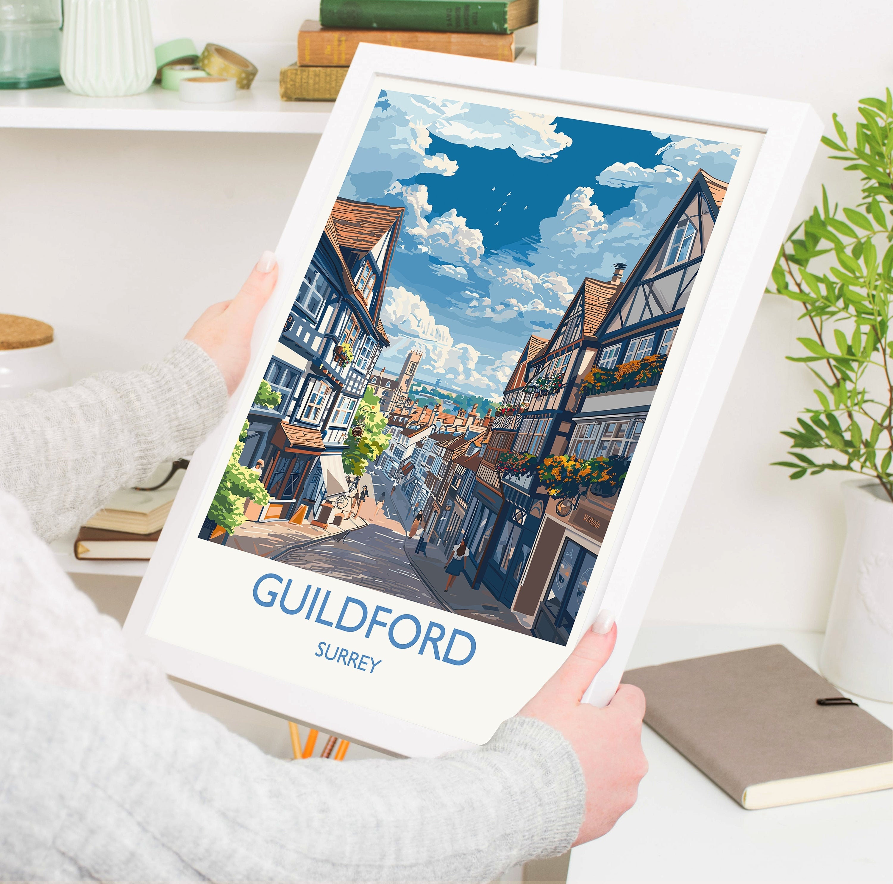 Guildford Travel Print, Travel Poster of Guildford, Surrey Poster, Guildford Art Gift, London Art Lovers UK Travel Gift NQ Media Designs