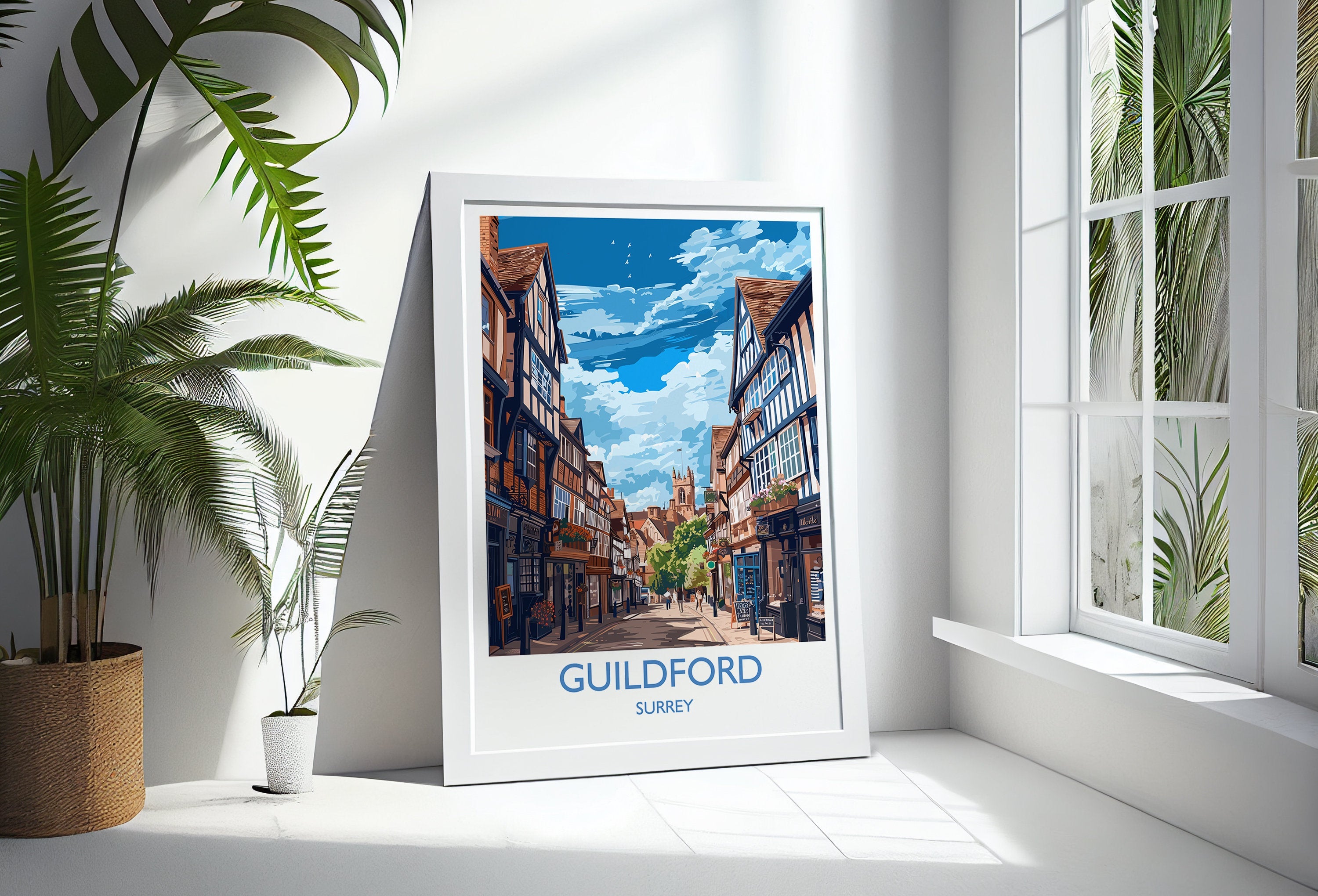 Guildford Travel Poster, Travel Print of Guildford, Surrey Poster, Guildford Art Gift, London Art Lovers UK Travel Gift NQ Media Designs