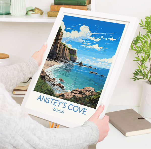 Ansteys Cove Print Wall Art, Travel Poster of Ansteys Cove, England, Devon Art Gift, Ansteys Cove Art Lovers Gift, England Wall Art Print