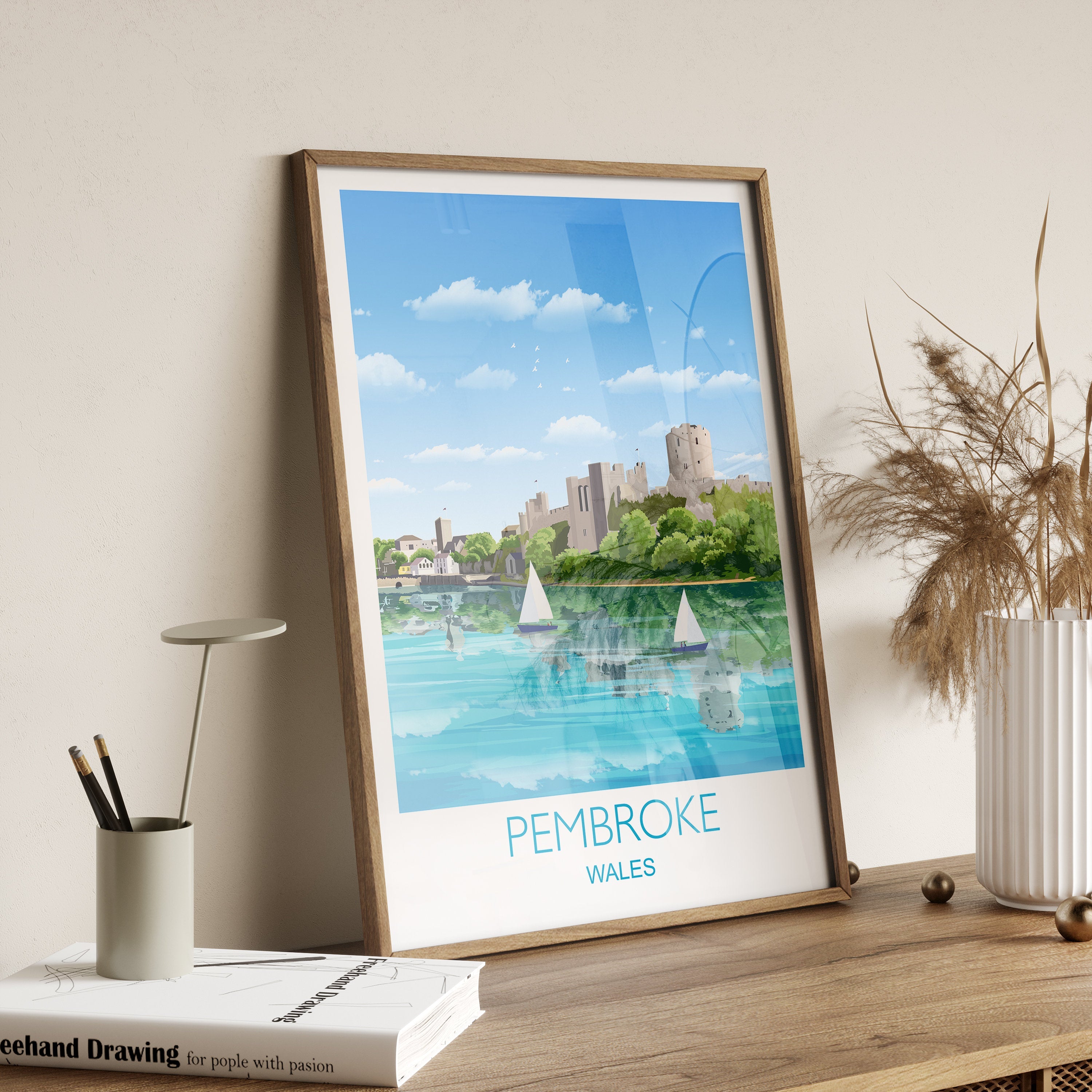 Pembroke Travel Print, Travel Poster of Pembroke, Wales, Pembrokeshire Art Gift, Wales Art Lovers Gift, Wall Art Print NQ Media Designs