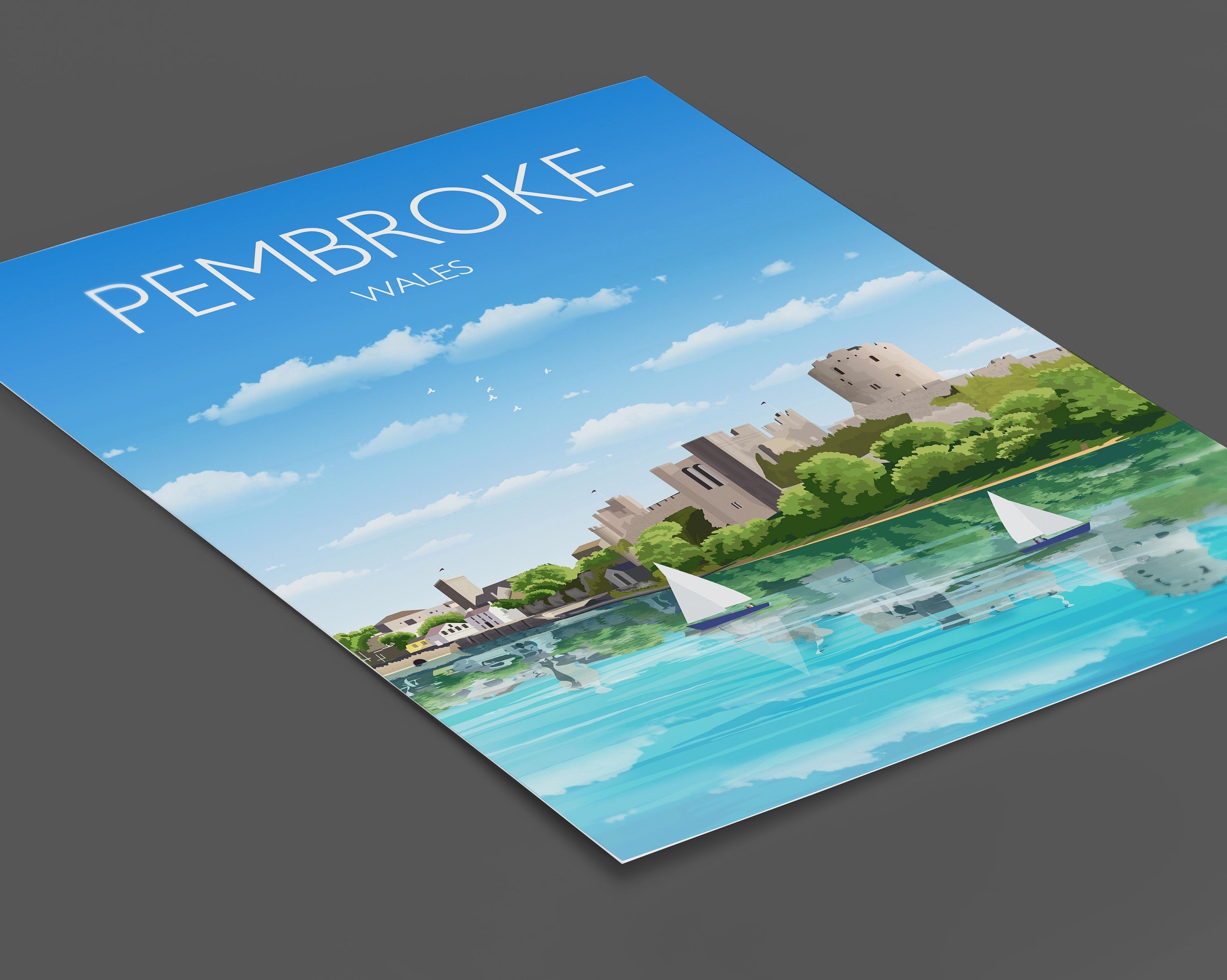 Pembroke Travel Print, Travel Poster of Pembroke, Wales, Pembrokeshire Art Gift, Wales Art Lovers Gift, Wall Art Print NQ Media Designs