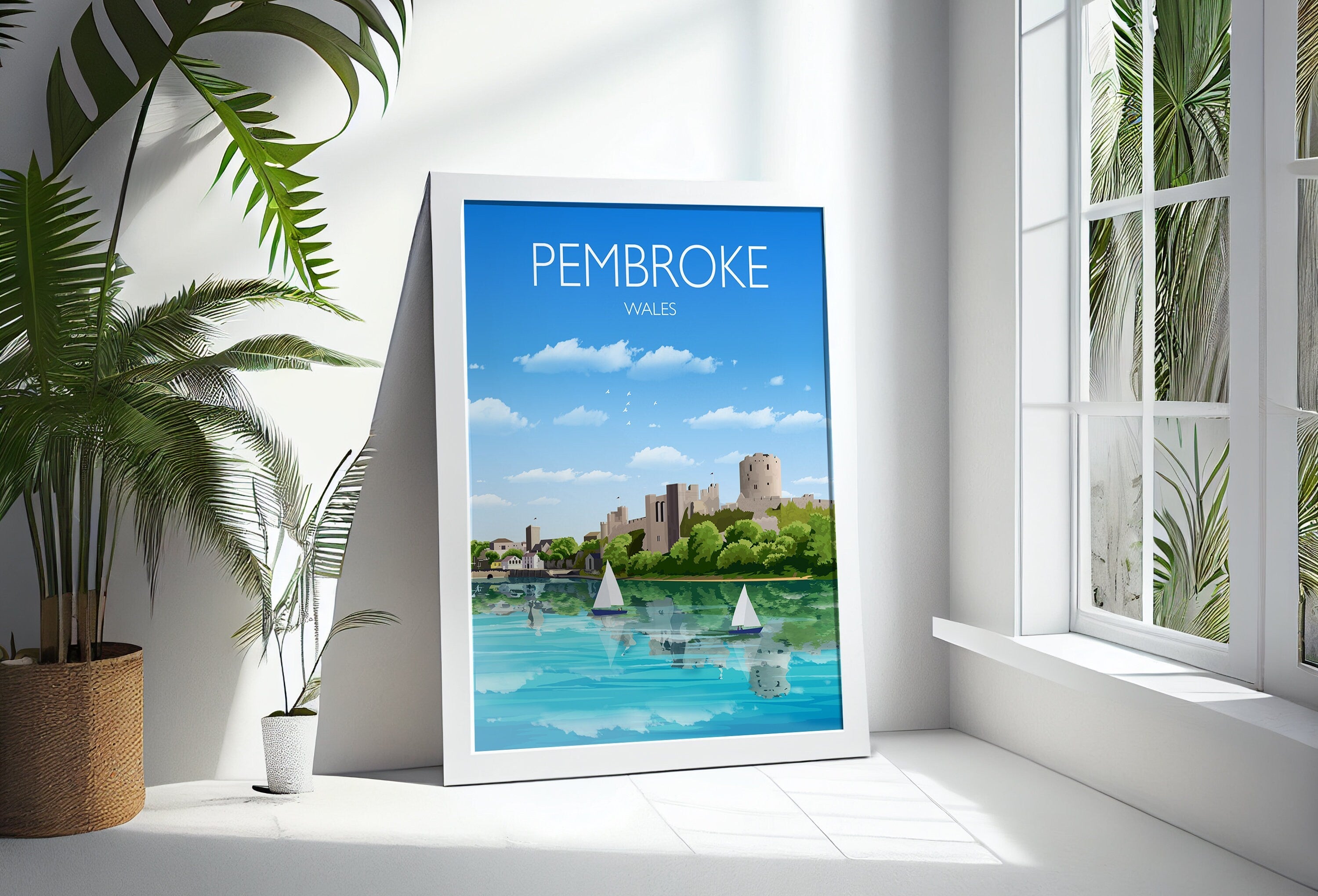 Pembroke Travel Print, Travel Poster of Pembroke, Wales, Pembrokeshire Art Gift, Wales Art Lovers Gift, Wall Art Print NQ Media Designs