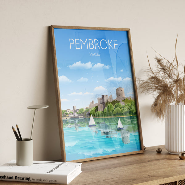 Pembroke Travel Print, Travel Poster of Pembroke, Wales, Pembrokeshire Art Gift, Wales Art Lovers Gift, Wall Art Print