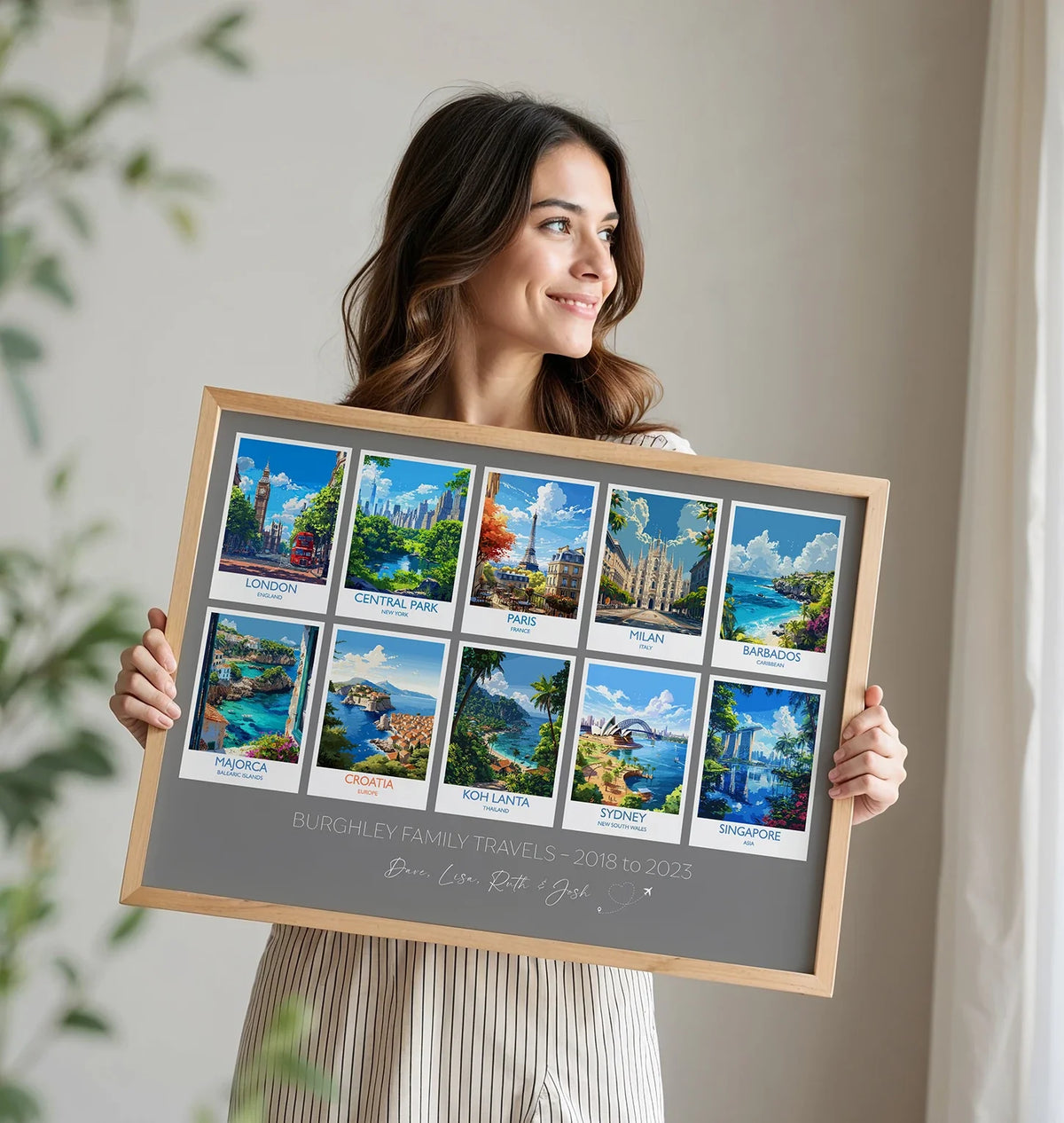 Personalised landscape travel collage print with 10 favourite destinations in a wooden frame, Burghley Family Travels 2018 to 2023