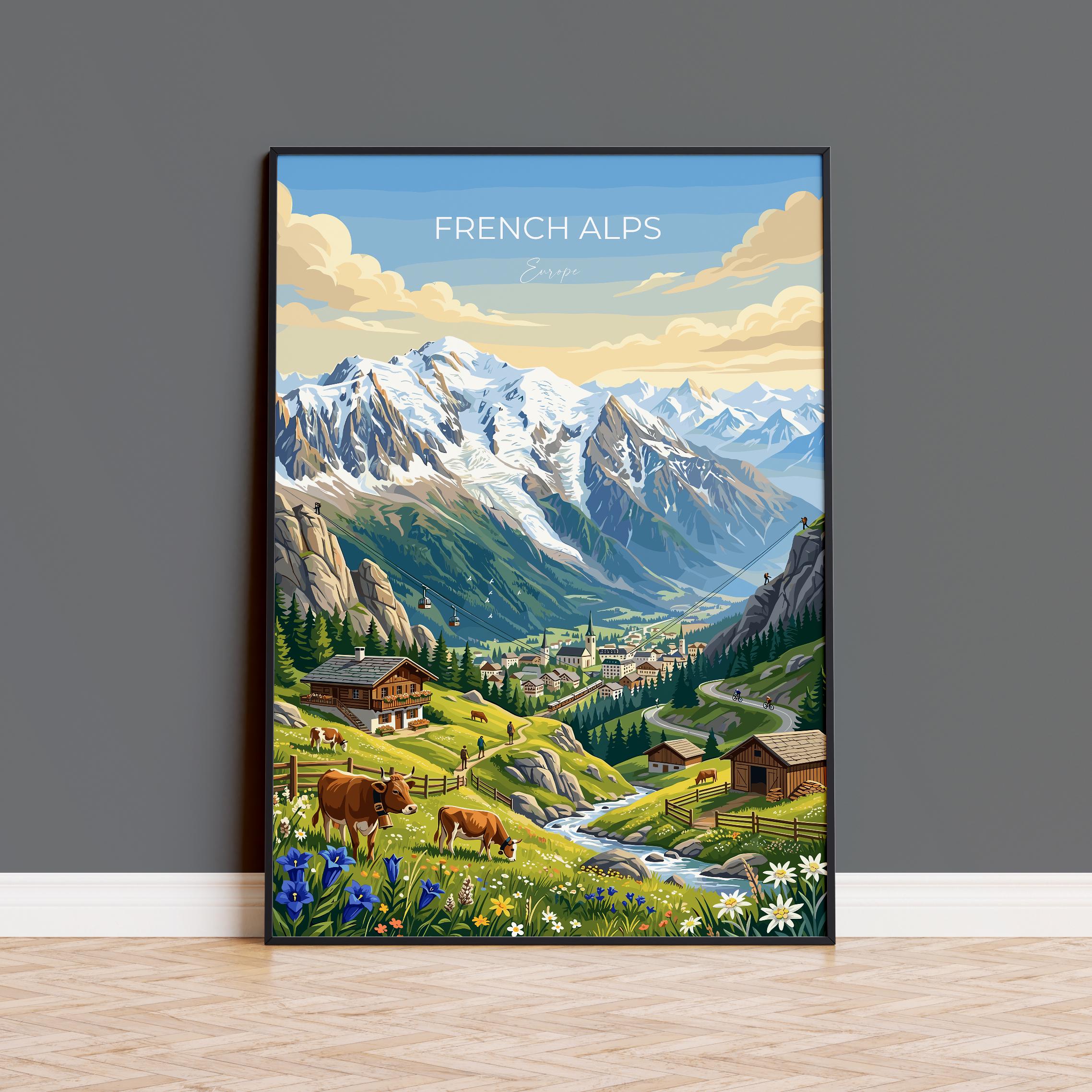 French Alps Travel Print, Mont Blanc Mountain Wall Art, Alpine Landscape Poster, France Mountain Illustration, Vintage Style Europe Decor