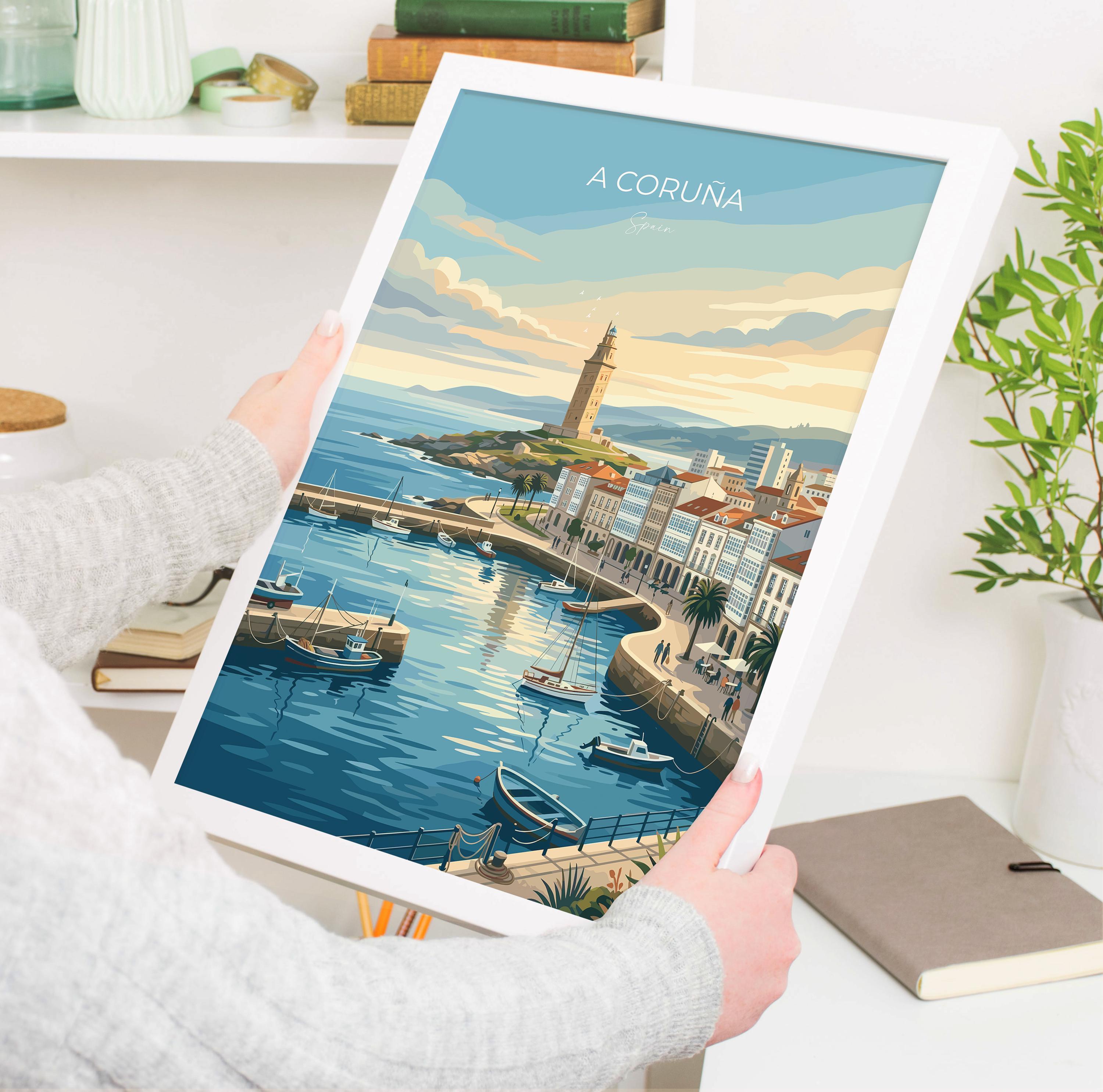 A Coruña Spain Travel Print, La Coruña Coastal Wall Art, Galicia Seaside Poster, Atlantic Ocean Cityscape, Vintage Style Europe Decor
