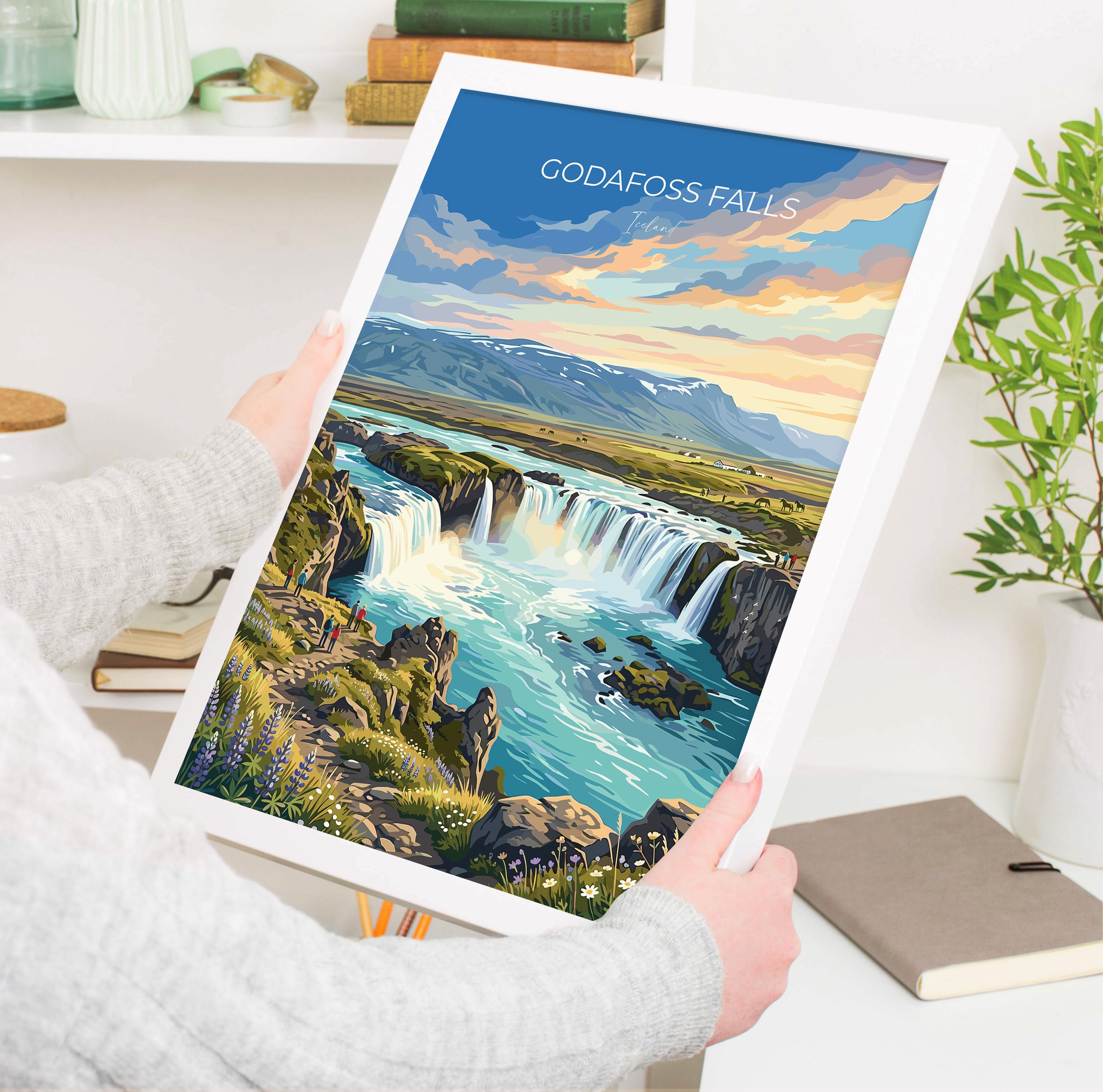 Godafoss Waterfall Iceland Travel Print, Goðafoss Wall Art, Iceland Waterfall Poster, North Iceland Landscape, Vintage Style Nordic Decor