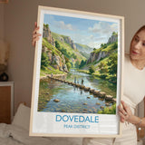 Dovedale Stepping Stones Travel Poster, Peak District Wall Art, Derbyshire Landscape Print, River Dove Illustration, UK Nature Decor