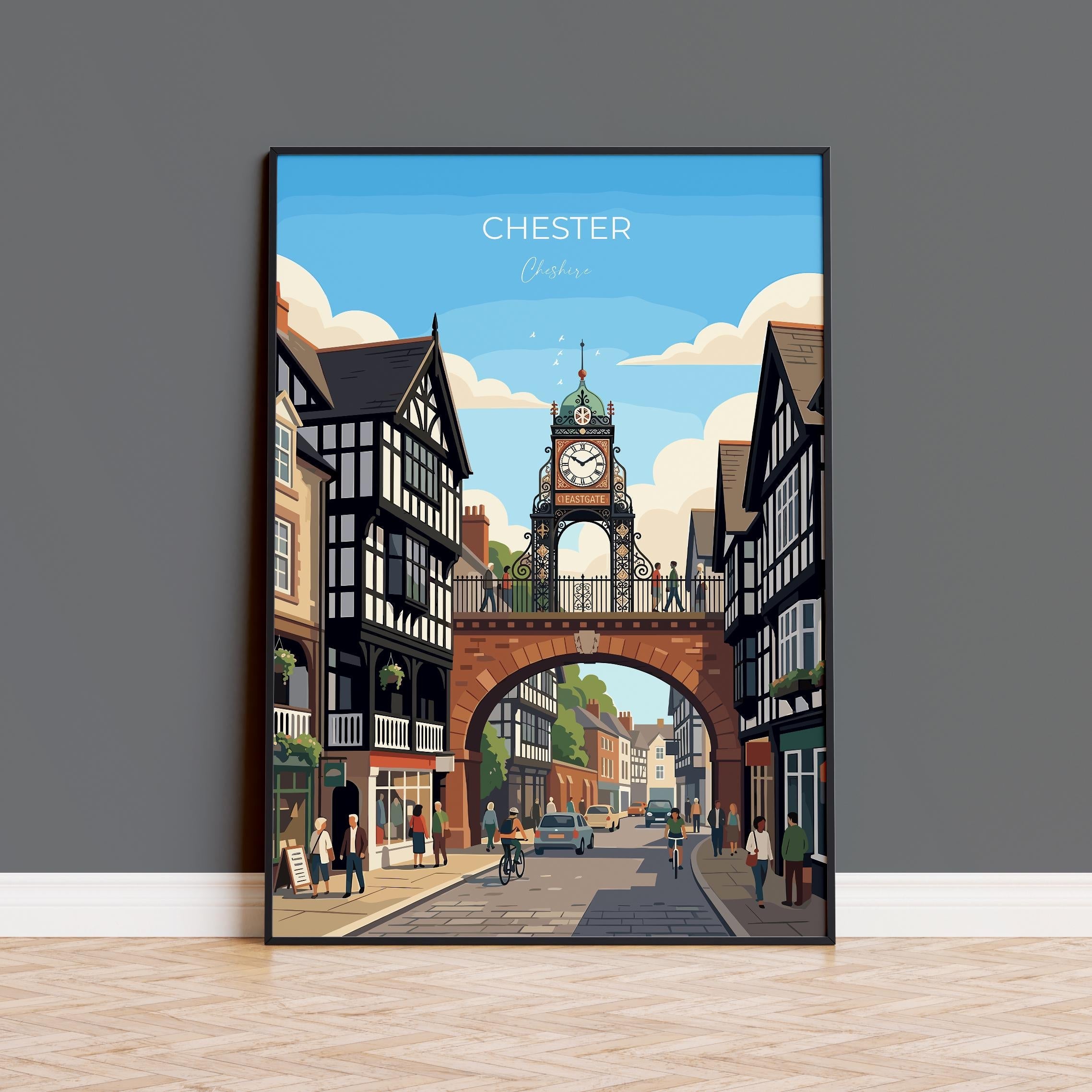 Chester Eastgate Clock Travel Print, Chester City Wall Art, Historic UK Architecture Poster, Vintage Style England City Decor, Chester Gift NQ Media Designs