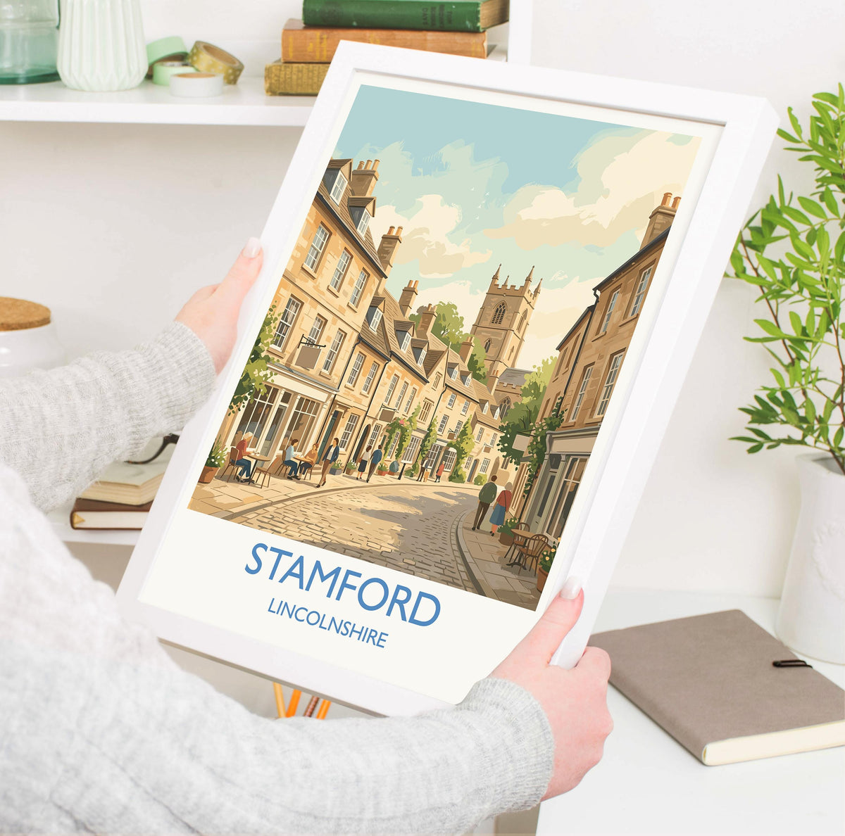 Stamford Lincolnshire Travel Poster, Historic Market Town Wall Art, River Welland Print, Georgian Architecture, Vintage Style UK Decor