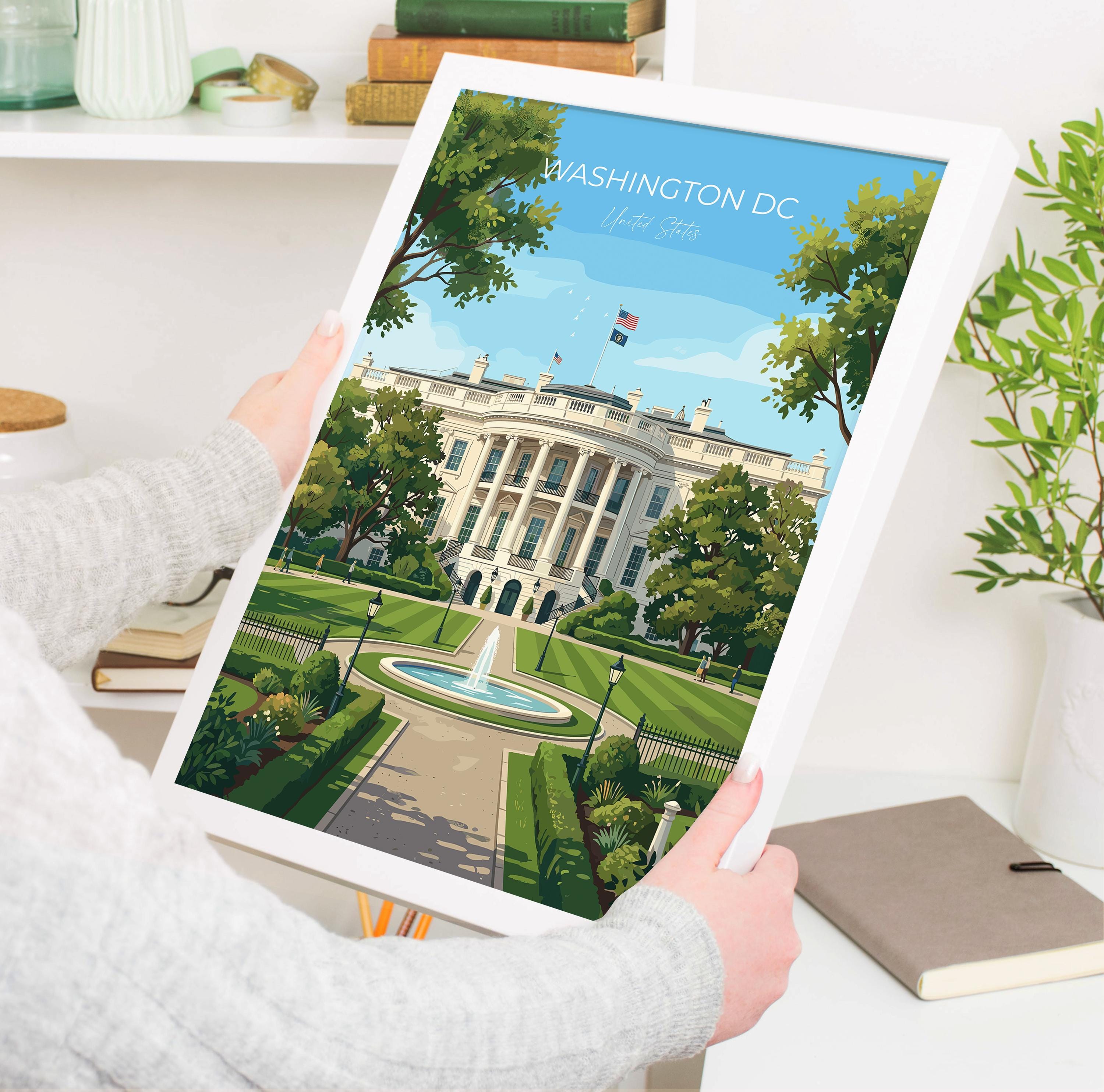 Washington DC Travel Print, White House Wall Art, USA Landmark Poster, American Architecture Illustration, Vintage Style USA City Decor