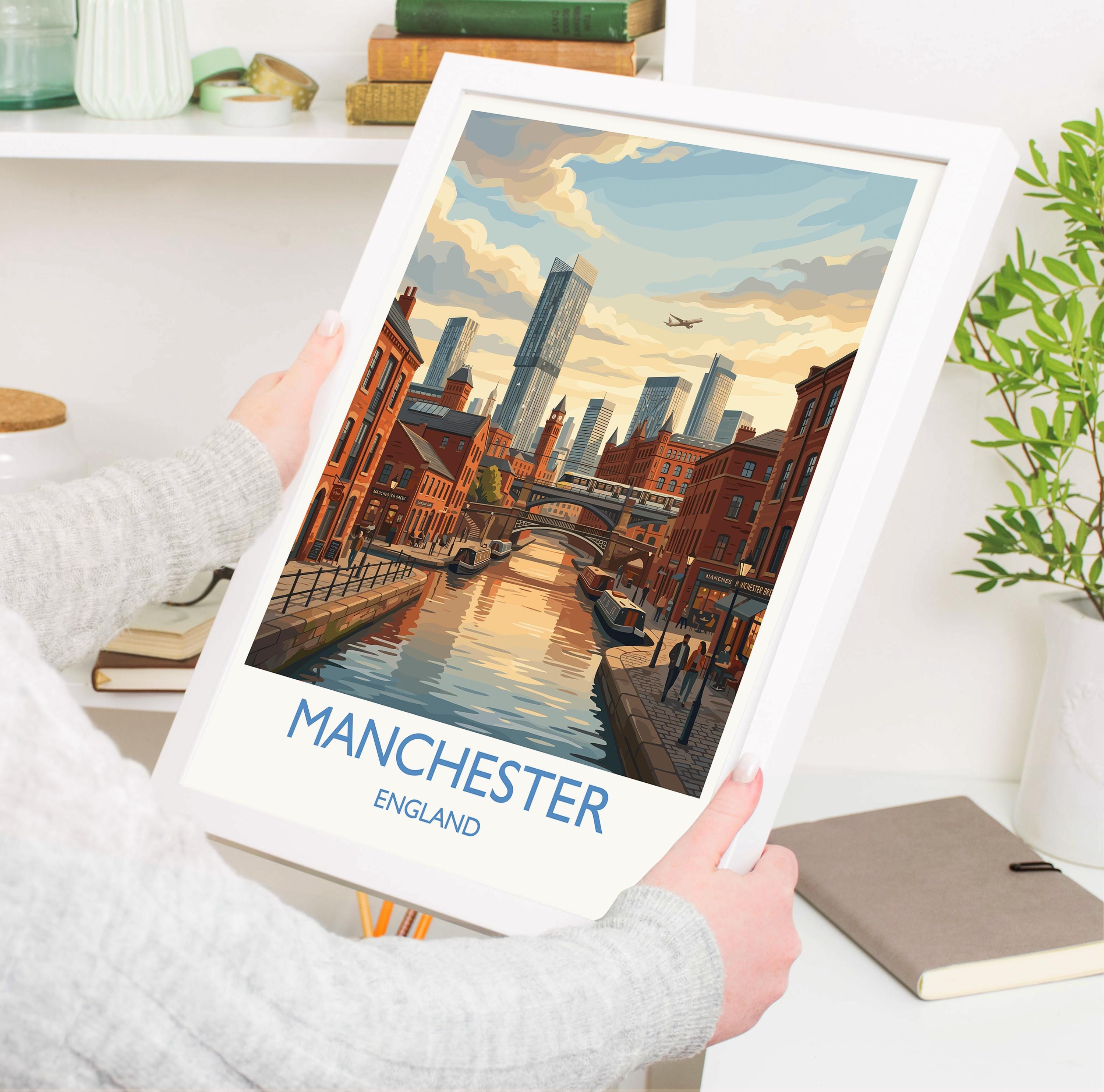 Manchester Travel Poster, Manchester Canal Skyline Wall Art, Airport Aircraft Cityscape Print, Modern English City, Vintage Style UK Decor