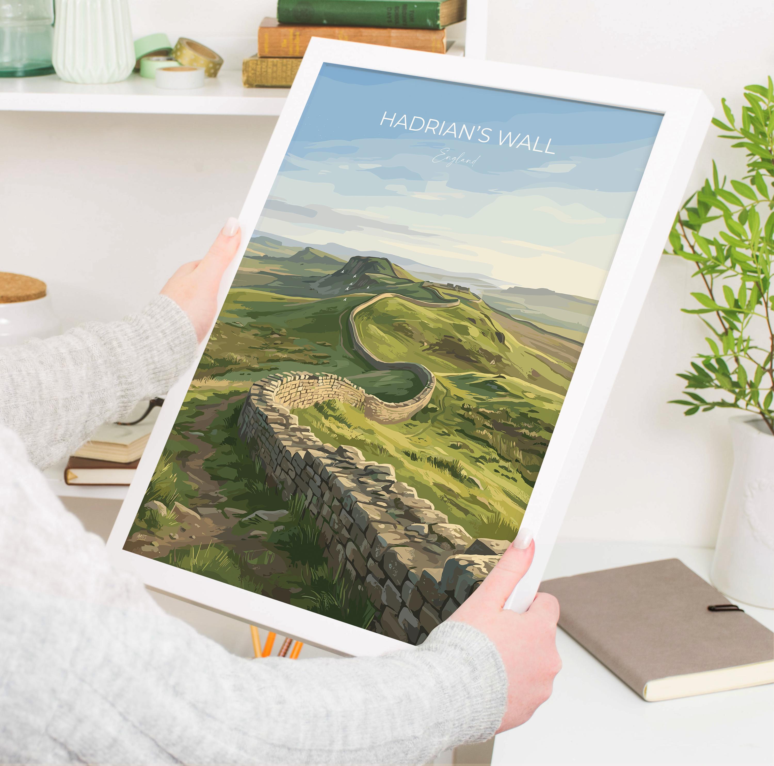 Hadrians Wall Travel Print, Northumberland Wall Art, Roman Britain Landscape Poster, Historic UK Heritage Illustration, England Decor