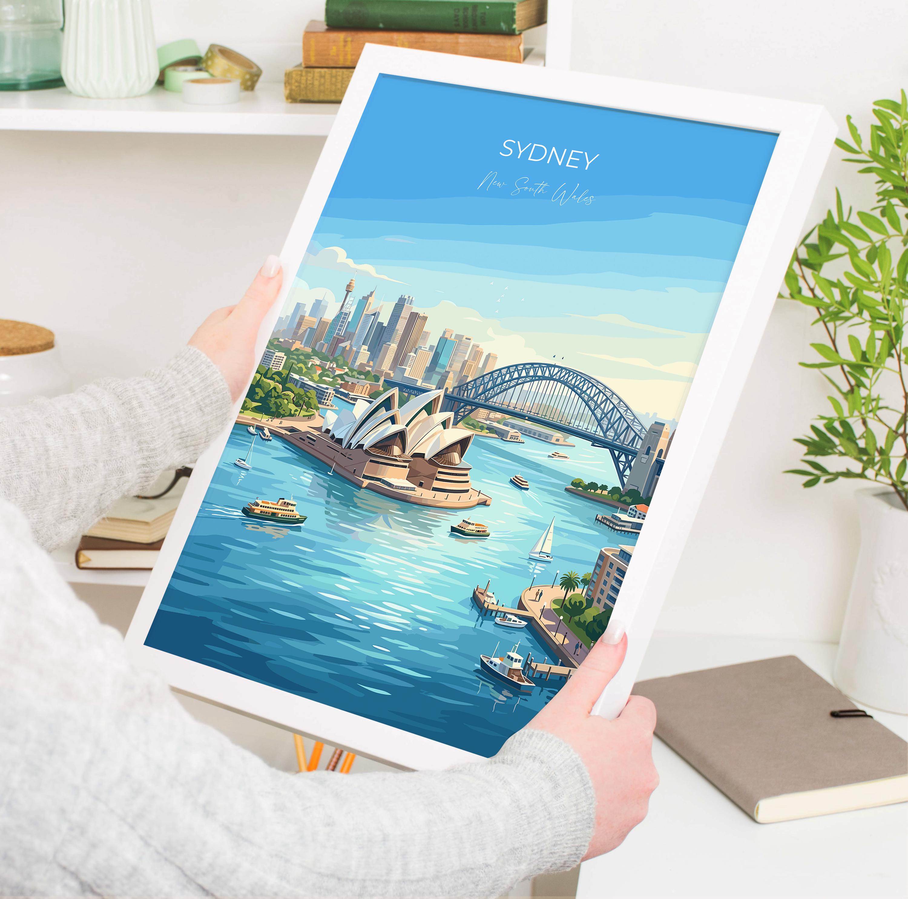 Sydney Australia Travel Print, Sydney Opera House Wall Art, Harbour Bridge Poster, Sydney Harbour Cityscape, Vintage Style Australia Decor