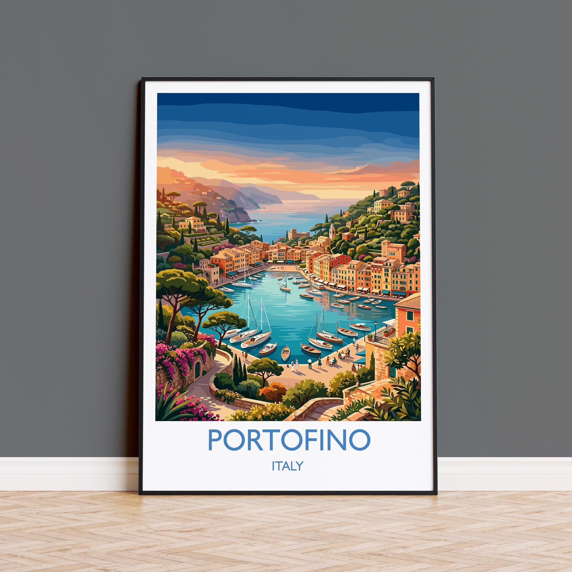 Portofino Italy Travel Poster, Italian Riviera Wall Art, Colourful Harbour Print, Mediterranean Coastal Illustration, Vintage Style Decor