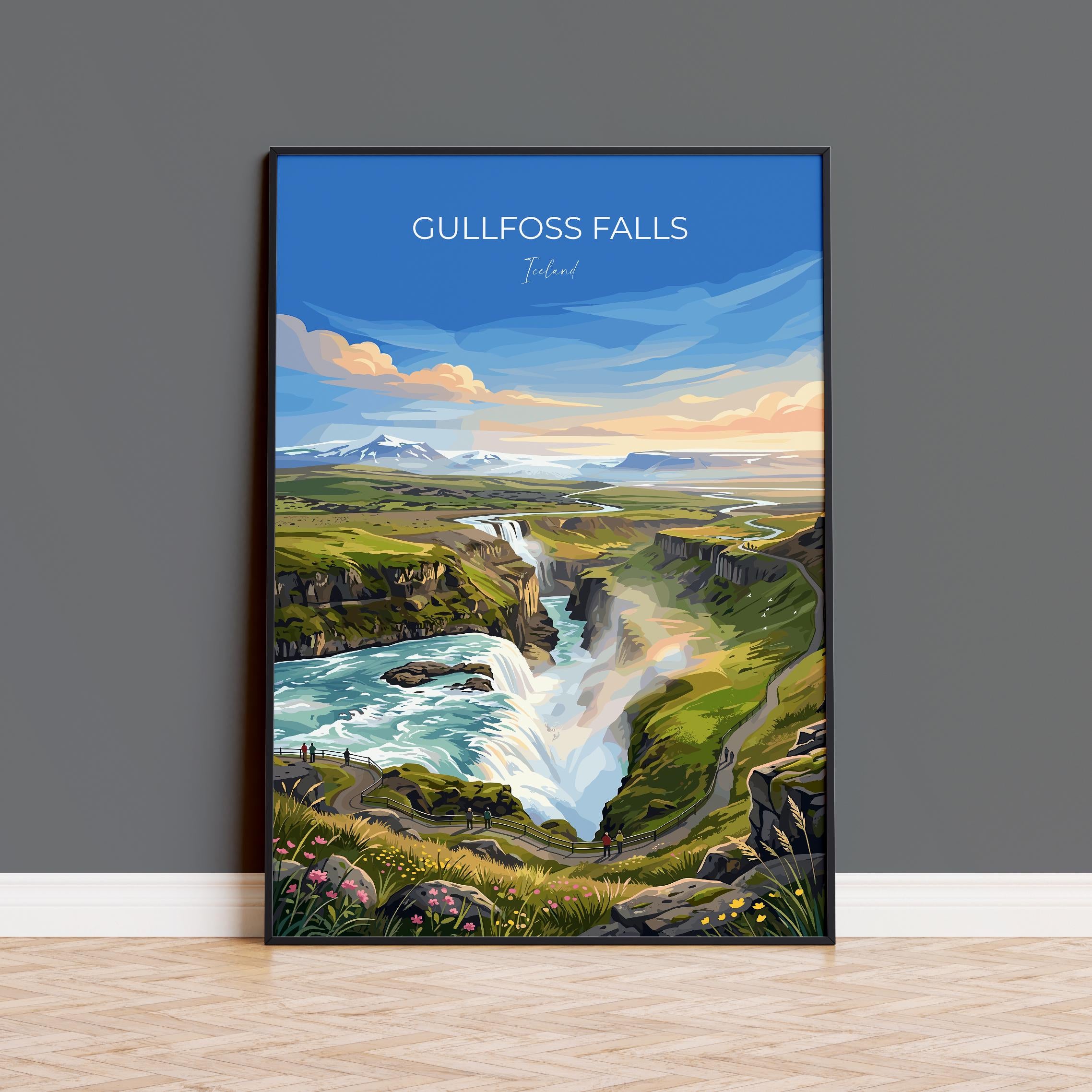 Gullfoss Waterfall Iceland Travel Print, Golden Circle Wall Art, Iceland Waterfall Poster, Landscape Art, Vintage Style Nordic Decor