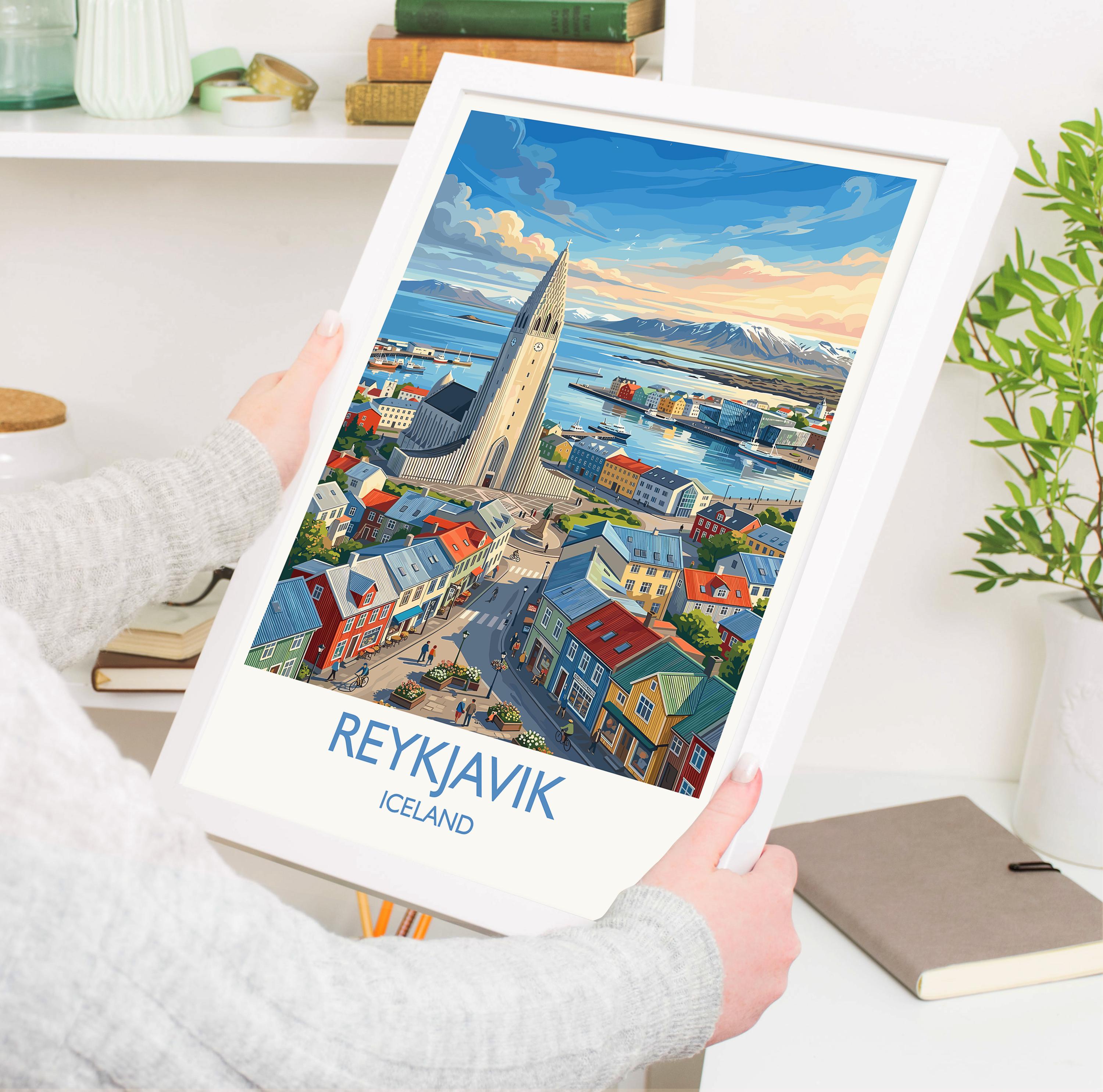 Reykjavik Iceland Travel Poster, Hallgrímskirkja Wall Art, Iceland City Print, Colourful Skyline Illustration, Vintage Style Nordic Decor