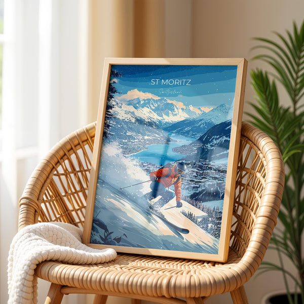 St Moritz Wall Art Travel Poster, Travel Print of St Moritz, Ski Poster, Switzerland Alps Art Travel Lovers Gift