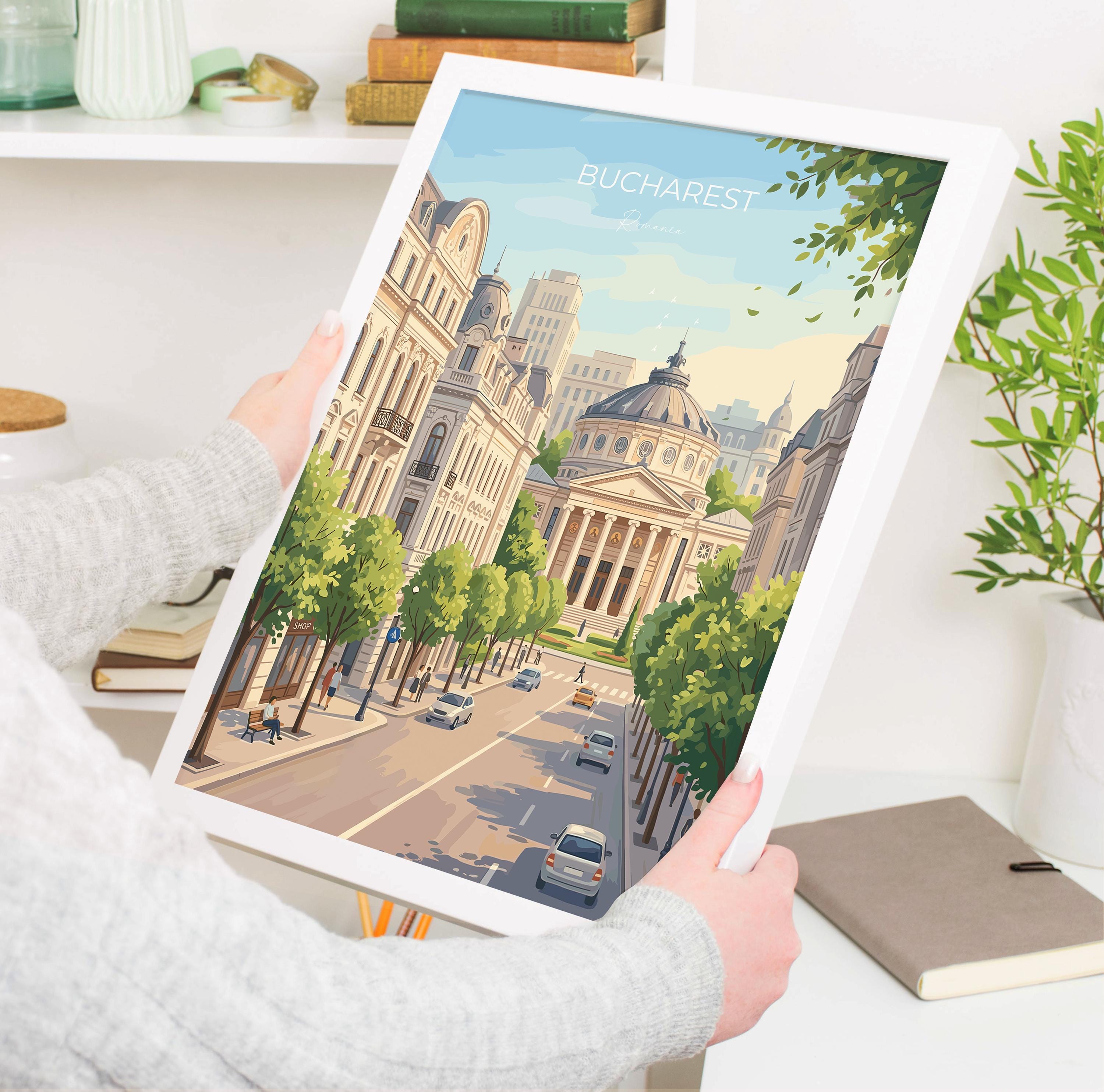 Bucharest Travel Print, Romanian Athenaeum Wall Art, Bucharest City Poster, Historic Architecture Illustration, Europe Decor, Romania Gift
