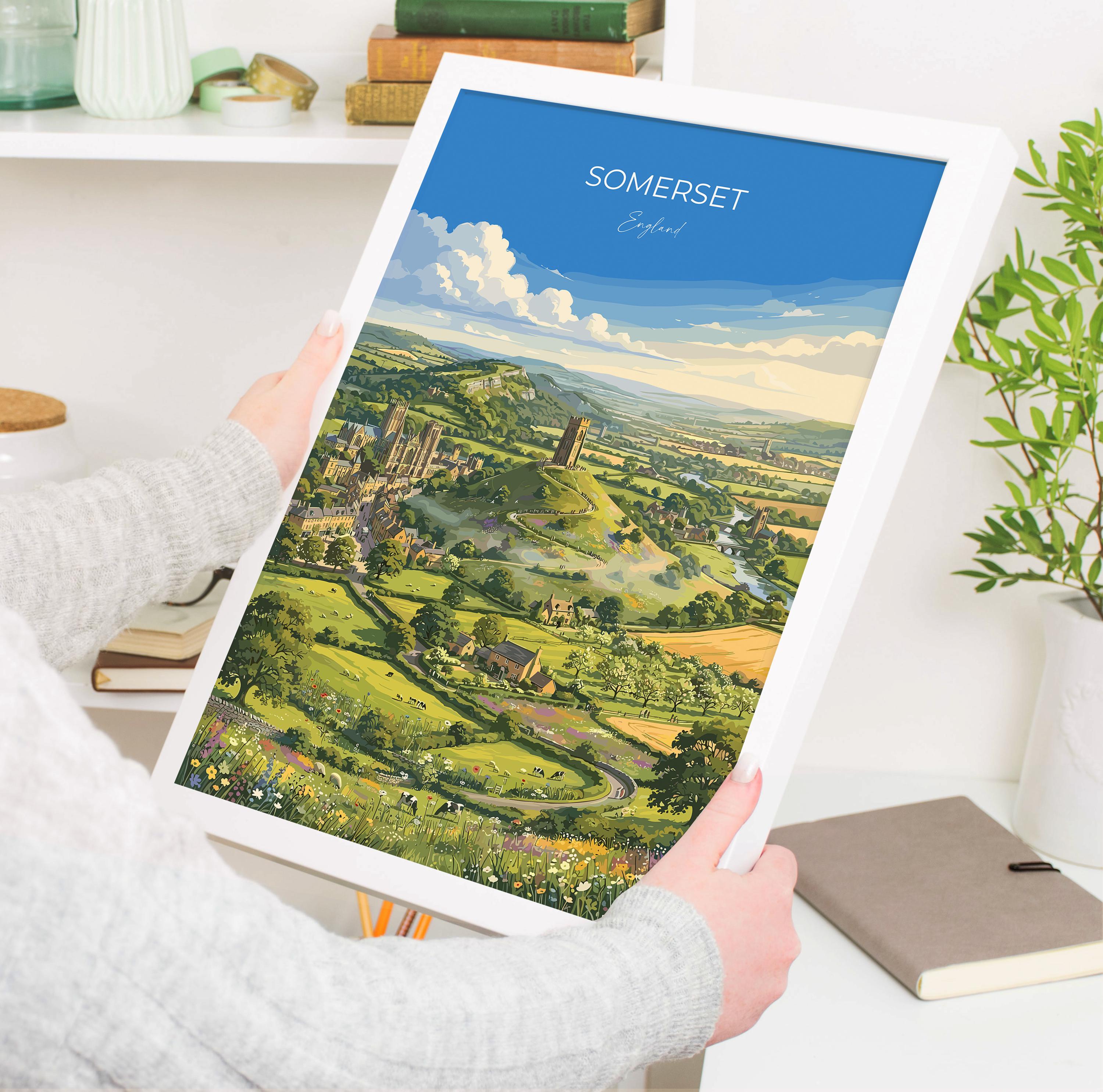 Somerset England Travel Print, Somerset Countryside Wall Art, Cheddar Gorge Poster, Wells Cathedral Illustration, Vintage Style UK Decor