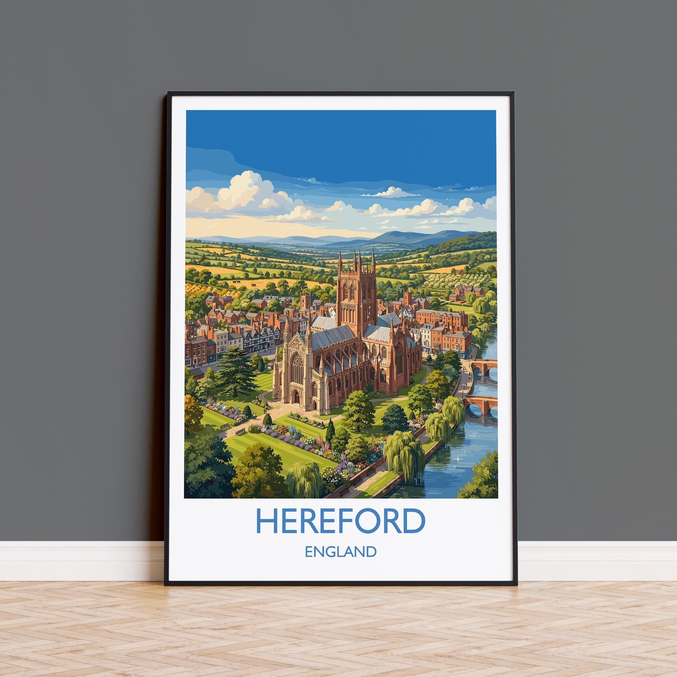 Hereford England Travel Poster, Hereford Cathedral Wall Art, River Wye Print, Historic City Illustration, Vintage Style UK Decor