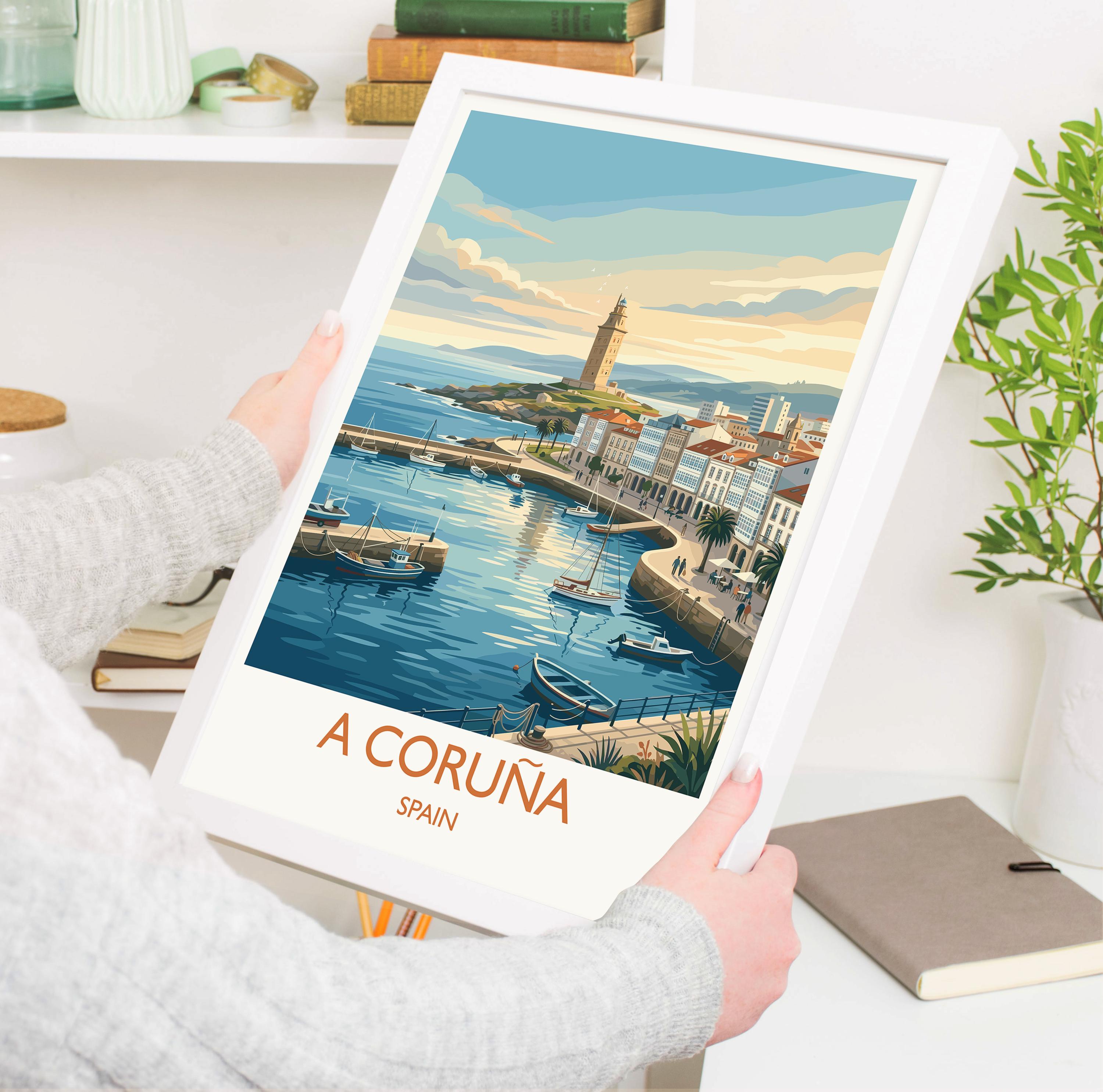 A Coruña Spain Travel Poster, La Coruña Coastal Wall Art, Galicia Seaside Print, Atlantic Ocean Cityscape, Vintage Style Europe Decor
