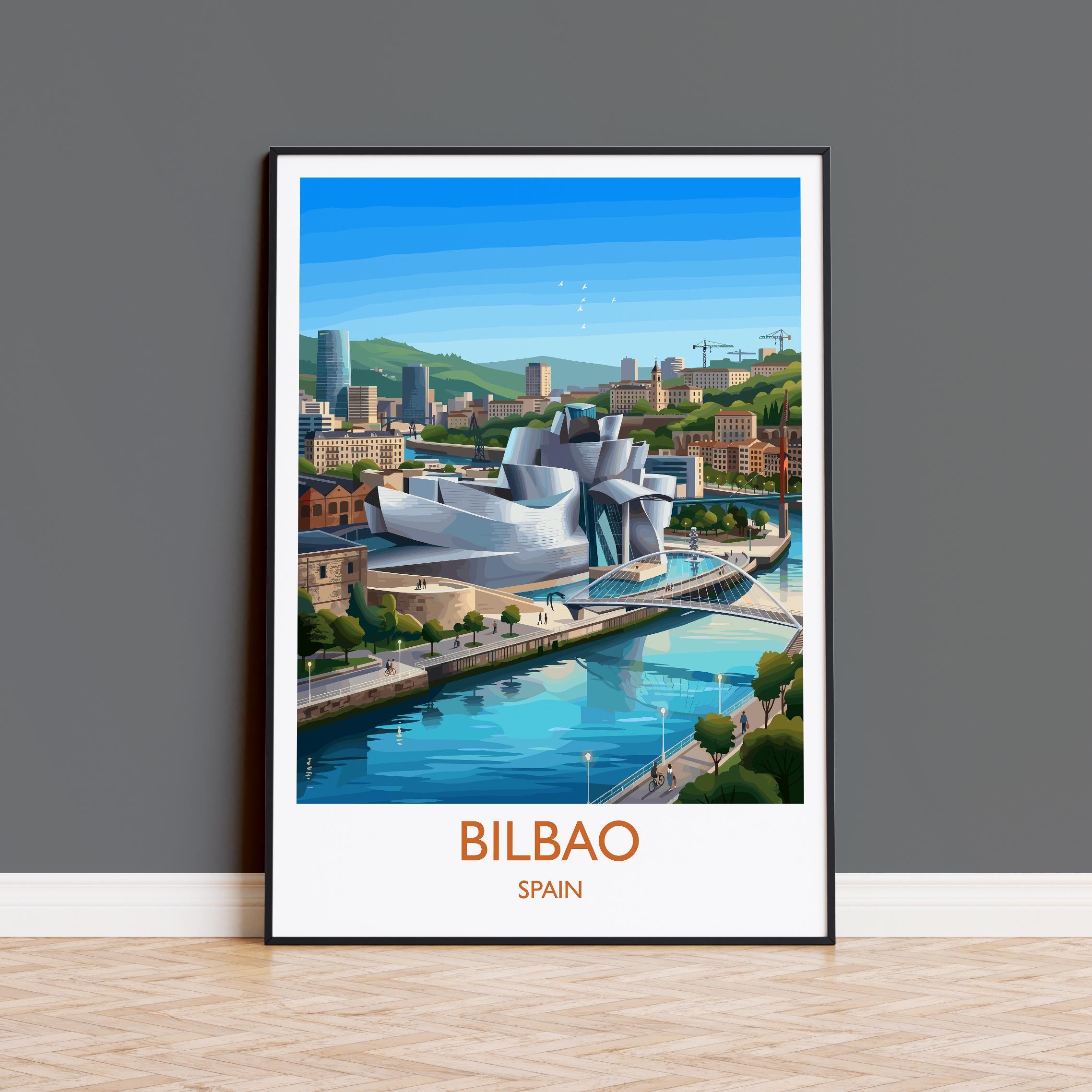 Bilbao Spain Travel Poster, Bilbao Skyline Wall Art, Guggenheim Museum Print, Basque Country Illustration, Vintage Style Europe Decor
