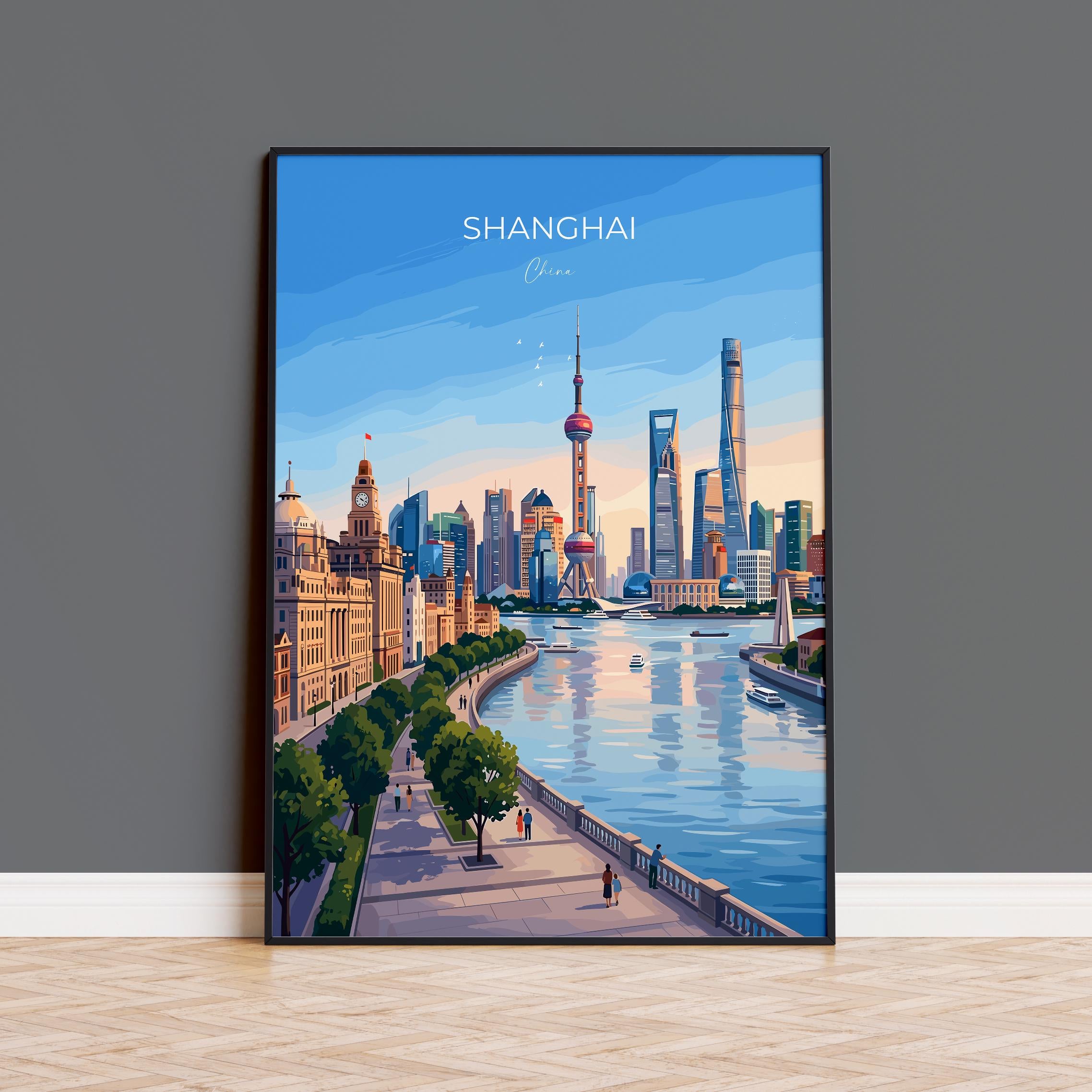 Shanghai China Travel Print, City Skyline Wall Art, Shanghai Poster, Bund & Pudong Illustration, Asia Vintage Style Decor