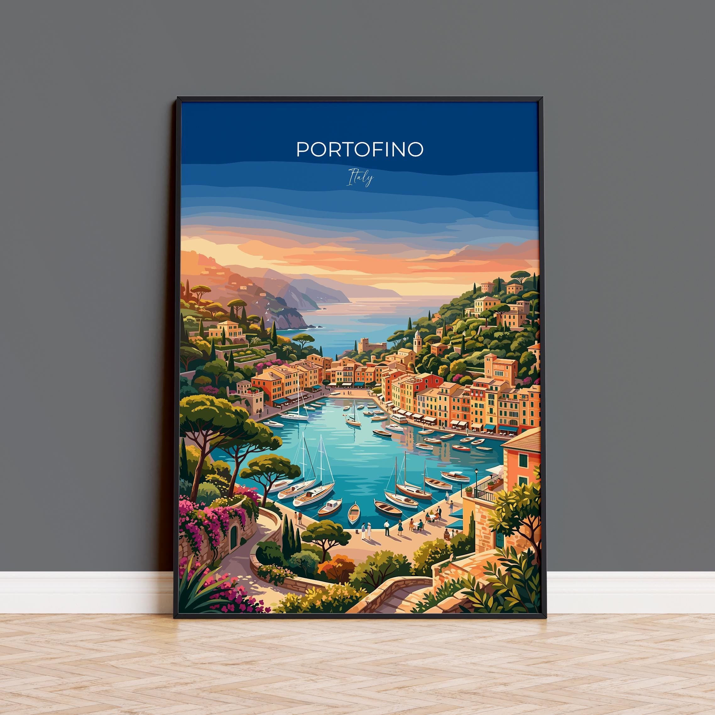Portofino Italy Travel Print, Italian Riviera Wall Art, Colourful Harbour Poster, Mediterranean Coastal Illustration, Vintage Europe Decor