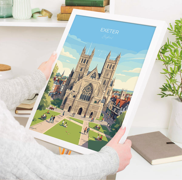 Exeter Cathedral Travel Print, Exeter Devon Wall Art, Historic England City Poster, Gothic Architecture Illustration, UK Decor, Exeter Gift