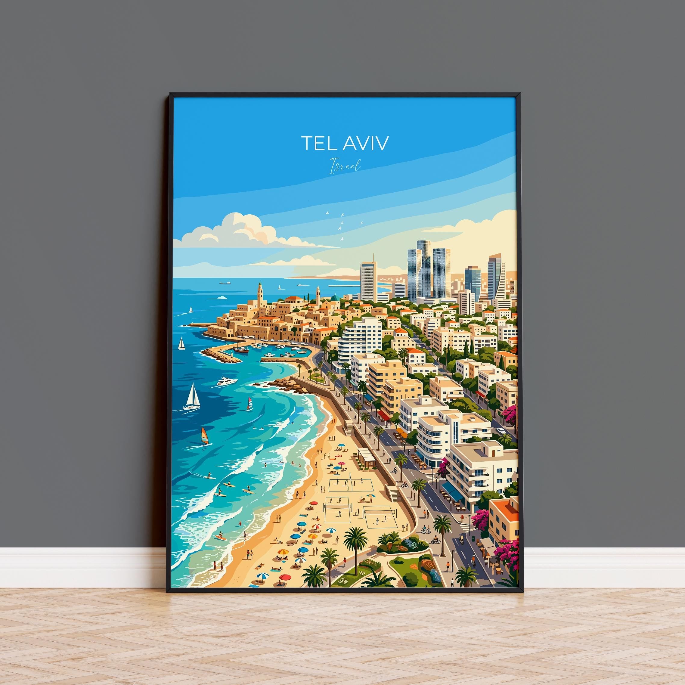 Tel Aviv Israel Travel Poster, Tel Aviv Skyline Wall Art, Mediterranean Beach Print, White City Illustration, Vintage Style Israel Decor