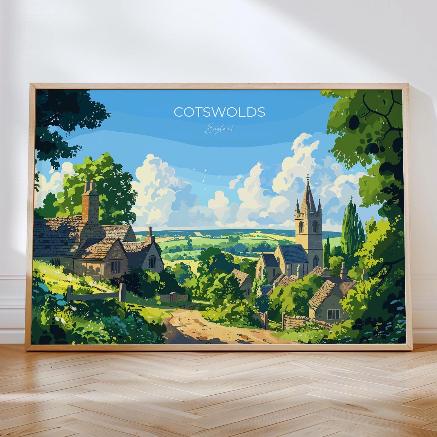 Cotswolds Landscape Travel Poster Wall Art, Travel Print of Cotswolds, Cotswolds Art Lovers Gift, English Countryside NQ Media Designs
