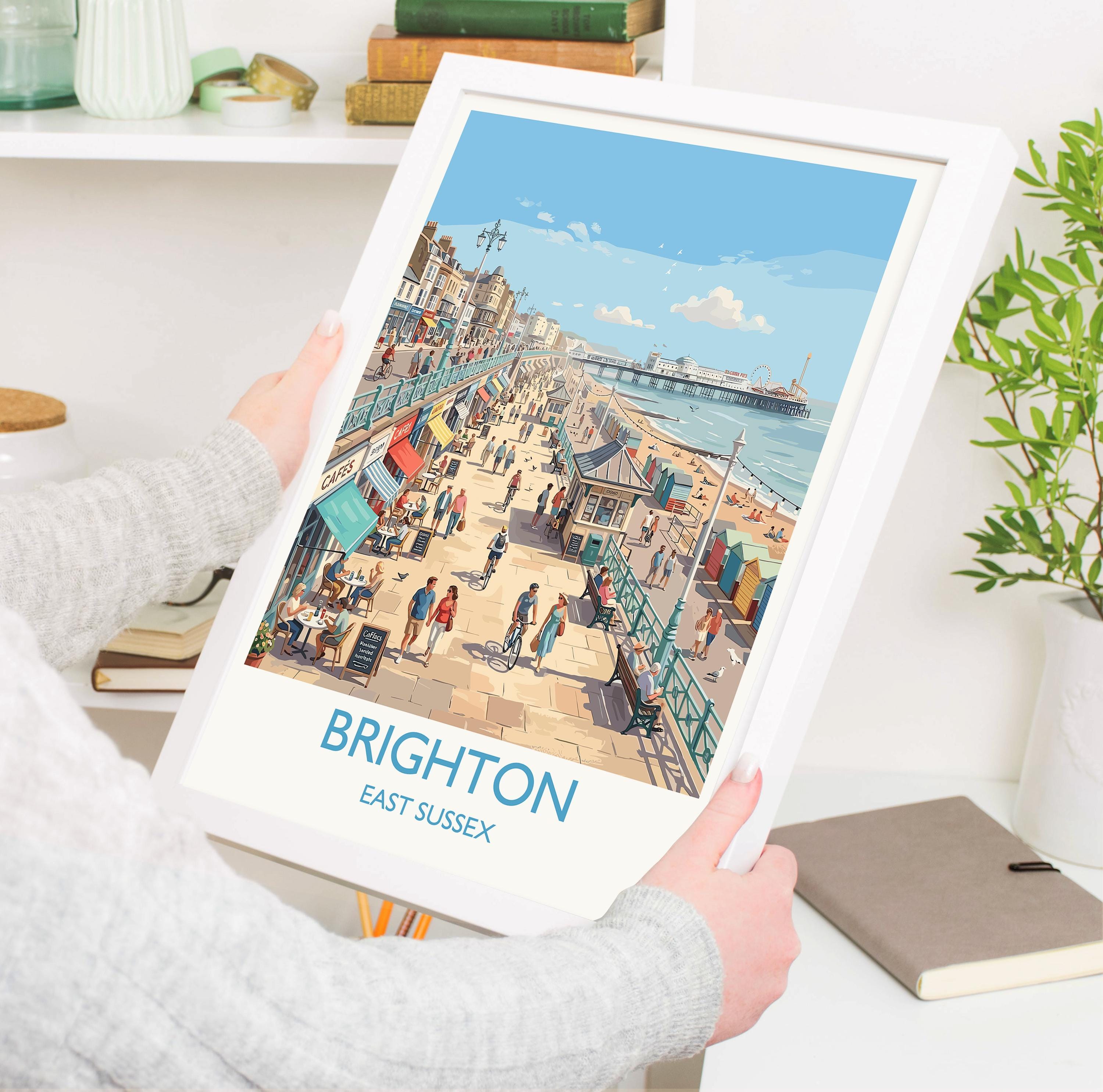 Brighton Travel Poster, Brighton Pier Wall Art, Seaside Print UK, Royal Pavilion Illustration, Vintage Style Coastal Decor, Brighton Gift NQ Media Designs