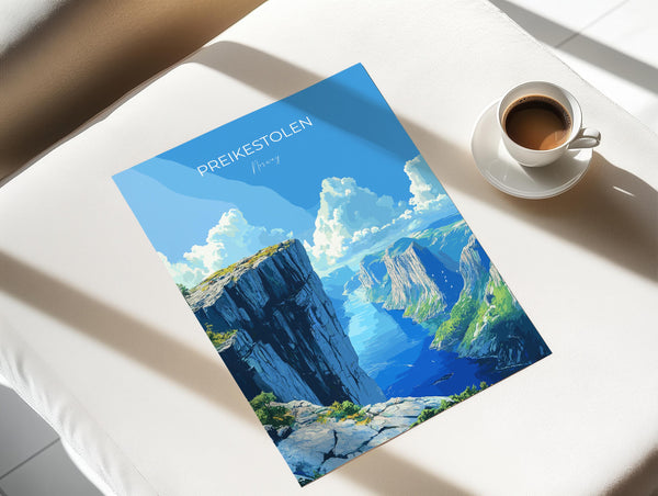 Preikestolen Travel Poster, Travel Print of Fjords, Norway Poster, Preikestolen Art Gift, Norway Art Lovers Travel Gift