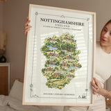Nottinghamshire Illustrated Map Print, England Wall Art, Sherwood Forest Map Poster, Framed or Canvas Print, Notts Gift