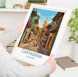 Cartagena Colombia Travel Poster, Colourful Old Town Street Art, Cartagena Street Scene Print, Caribbean Travel Wall Art, Vintage Style Art