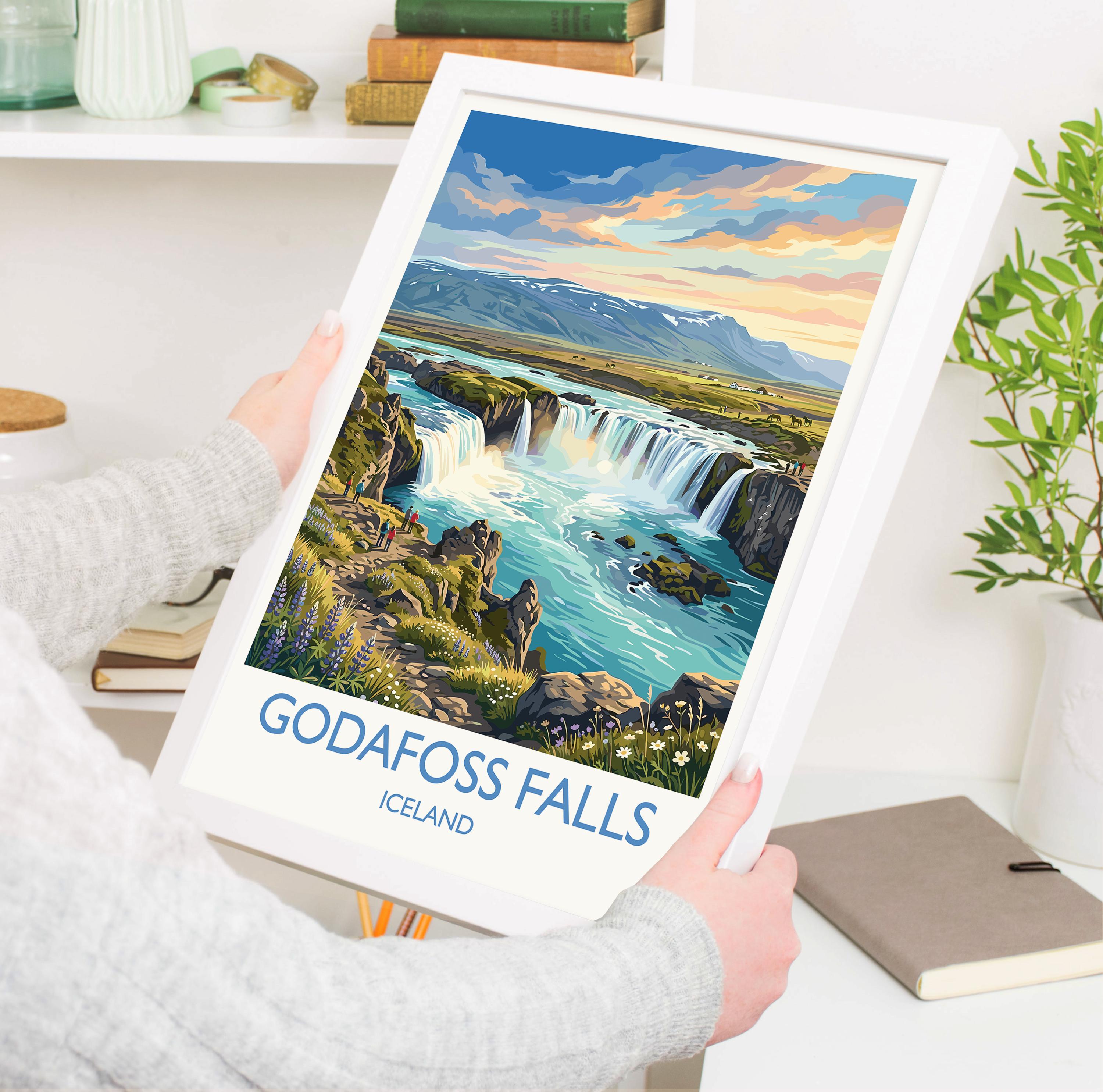 Godafoss Waterfall Iceland Travel Poster, Goðafoss Wall Art, Iceland Waterfall Print, North Iceland Landscape, Vintage Style Nordic Decor