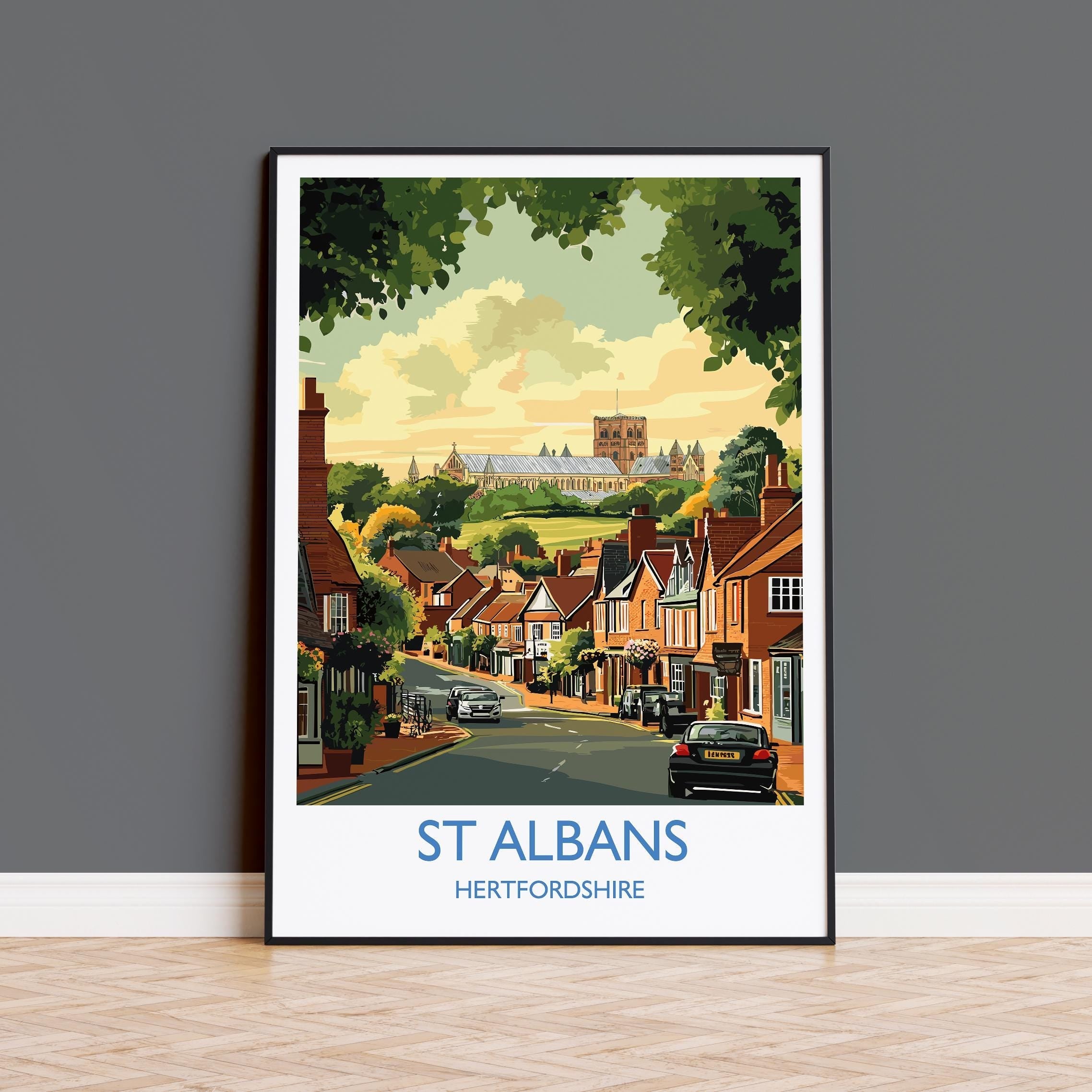 St Albans Travel Poster Wall Art, Travel Print of St Albans, Hertfordshire, England, English Cathedral City Gift NQ Media Designs