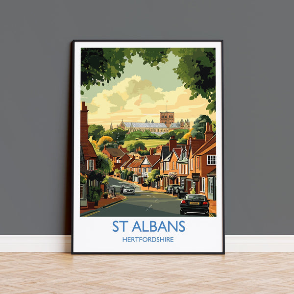 St Albans Travel Poster Wall Art, Travel Print of St Albans, Hertfordshire, England, English Cathedral City Gift