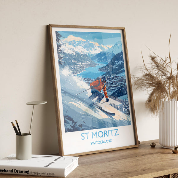 St Moritz Wall Art Travel Poster, Travel Print of St Moritz, Ski Poster, Switzerland Alps Art Travel Lovers Gift