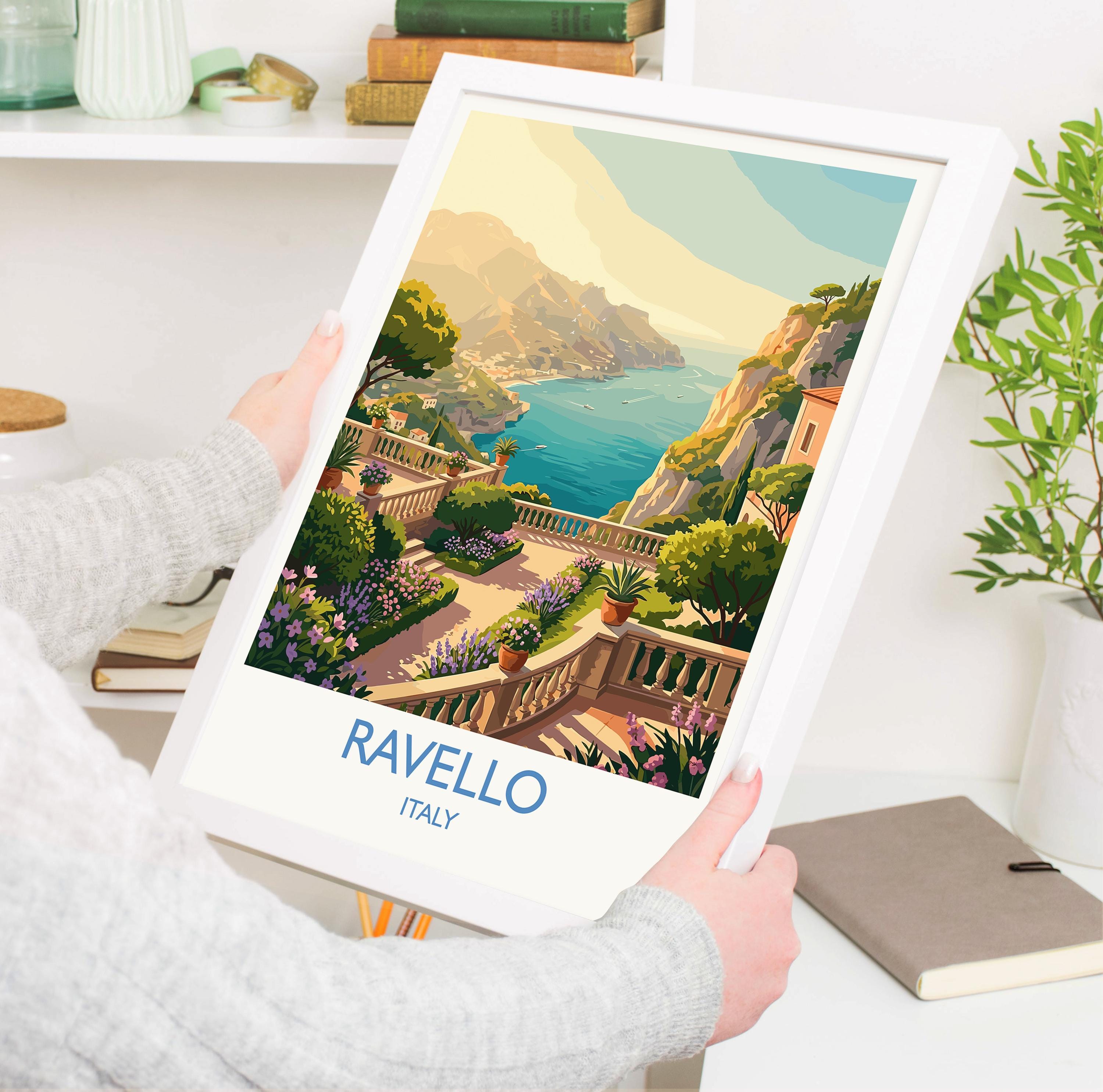 Ravello Italy Travel Poster, Amalfi Coast Wall Art, Mediterranean Cliffside Village Print, Scenic Coastal Illustration, Vintage Style Decor