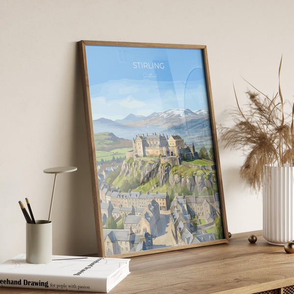 Stirling Castle Scotland Travel Print, Scottish Highlands Wall Art, Stirling City Landscape Poster, Historic Castle Illustration, UK Decor