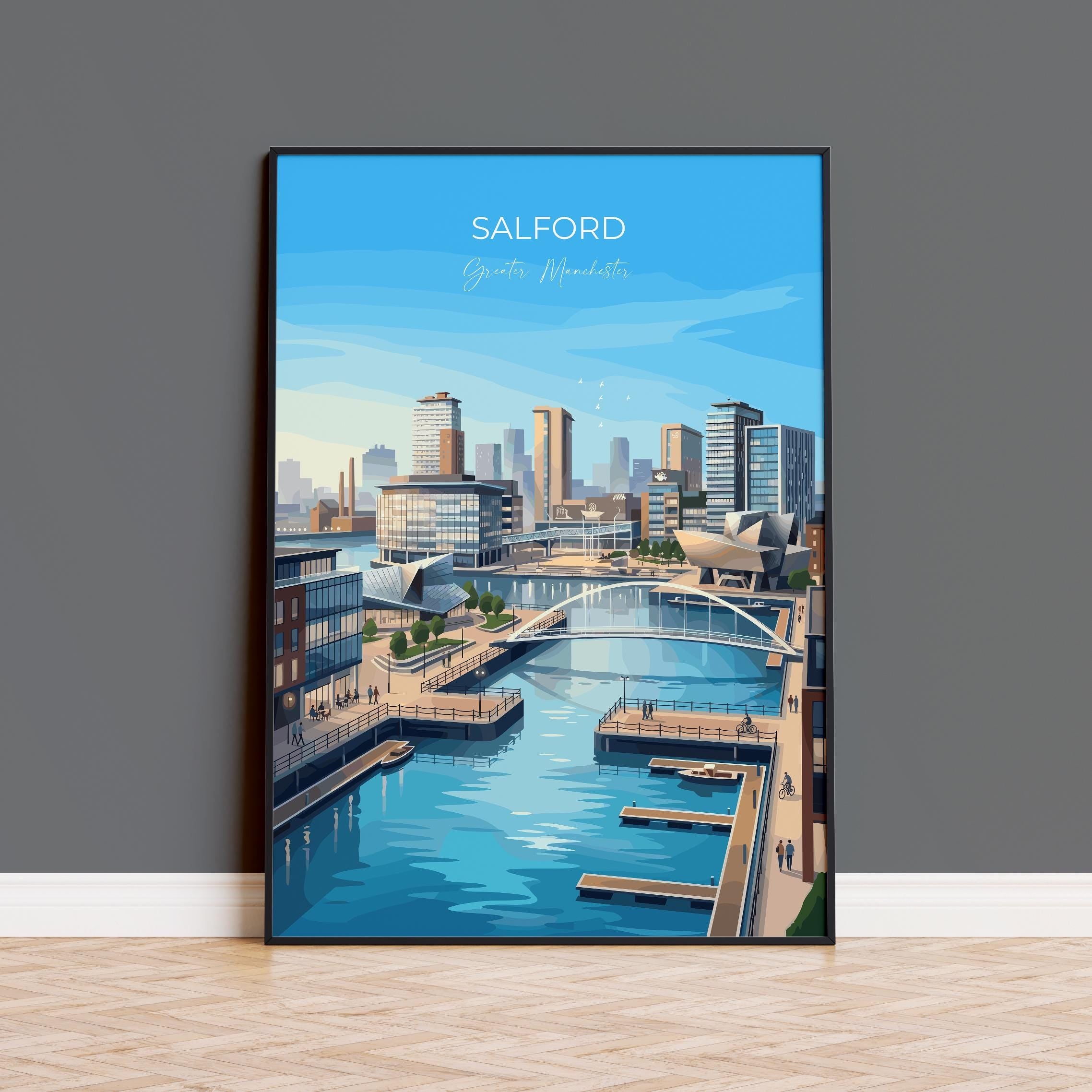 Salford Quays Travel Poster, Salford Manchester Wall Art, MediaCityUK Waterfront Print, Modern Skyline Illustration, Vintage Style UK Decor