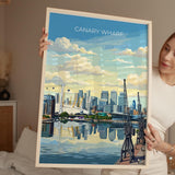 Canary Wharf London Travel Print, Royal Victoria Dock Wall Art, London Skyline Poster, O2 & Cable Car, East London Travel Poster