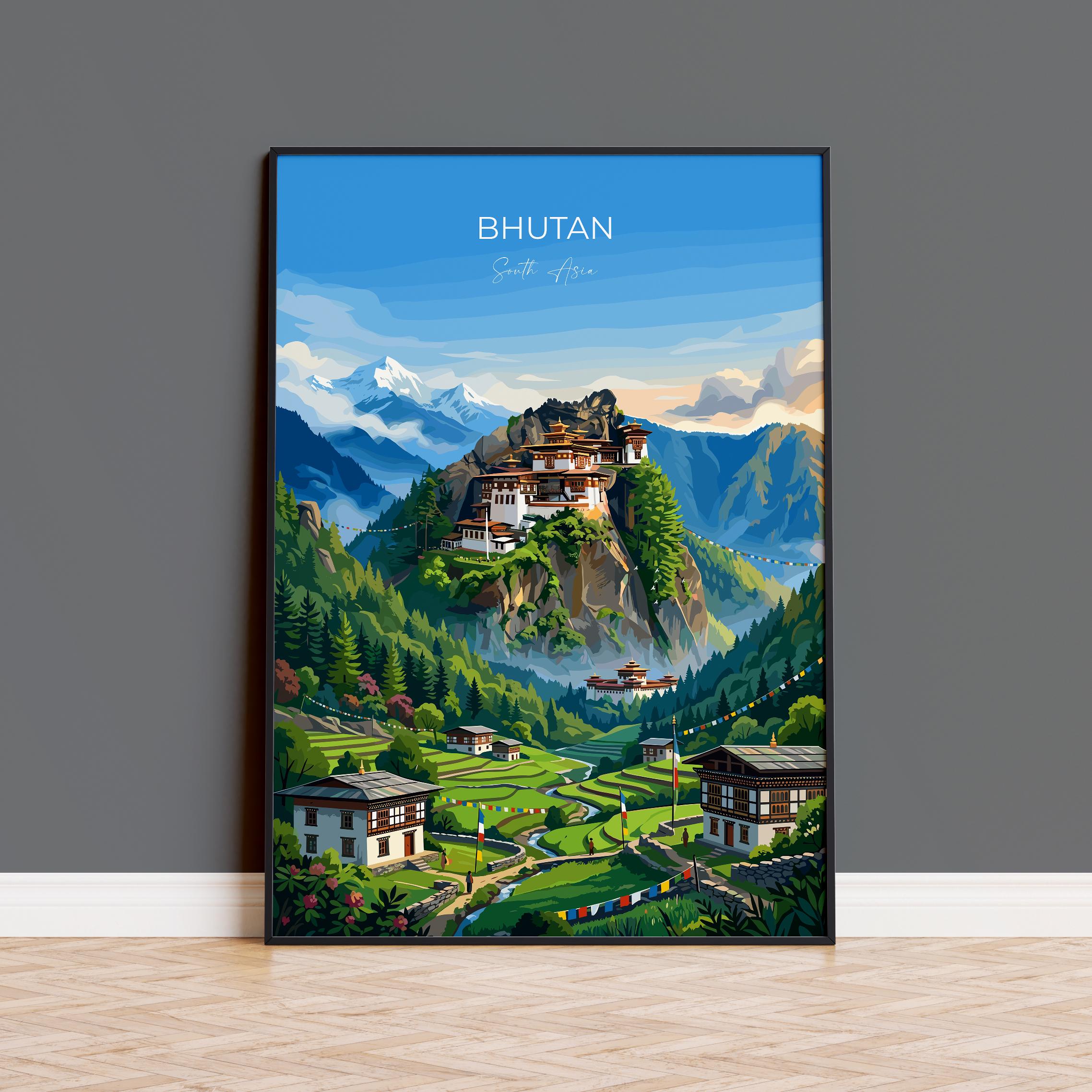 Bhutan South Asia Travel Print Himalayan Mountains Wall Art, Tiger's Nest Monastery Poster, Bhutan Landscape, Vintage Travel Poster