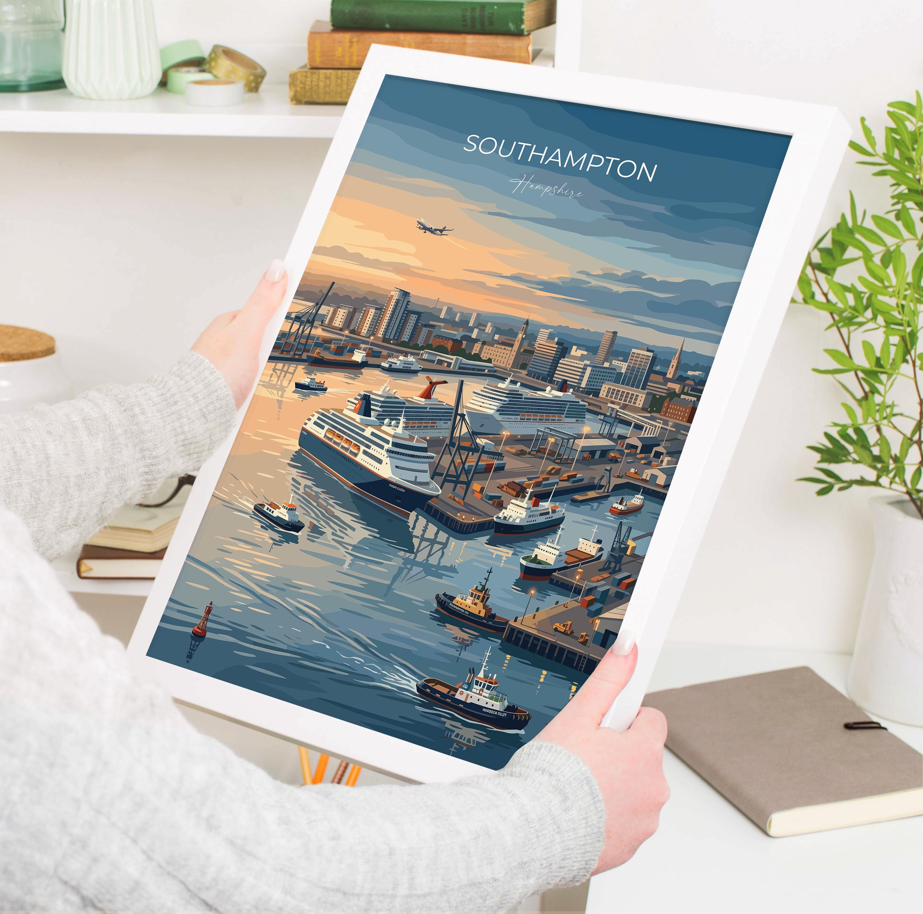 Southampton Port Travel Print, Southampton Docks Wall Art, Cruise Ship Harbour Poster, Historic Port Illustration, UK Coastal Decor