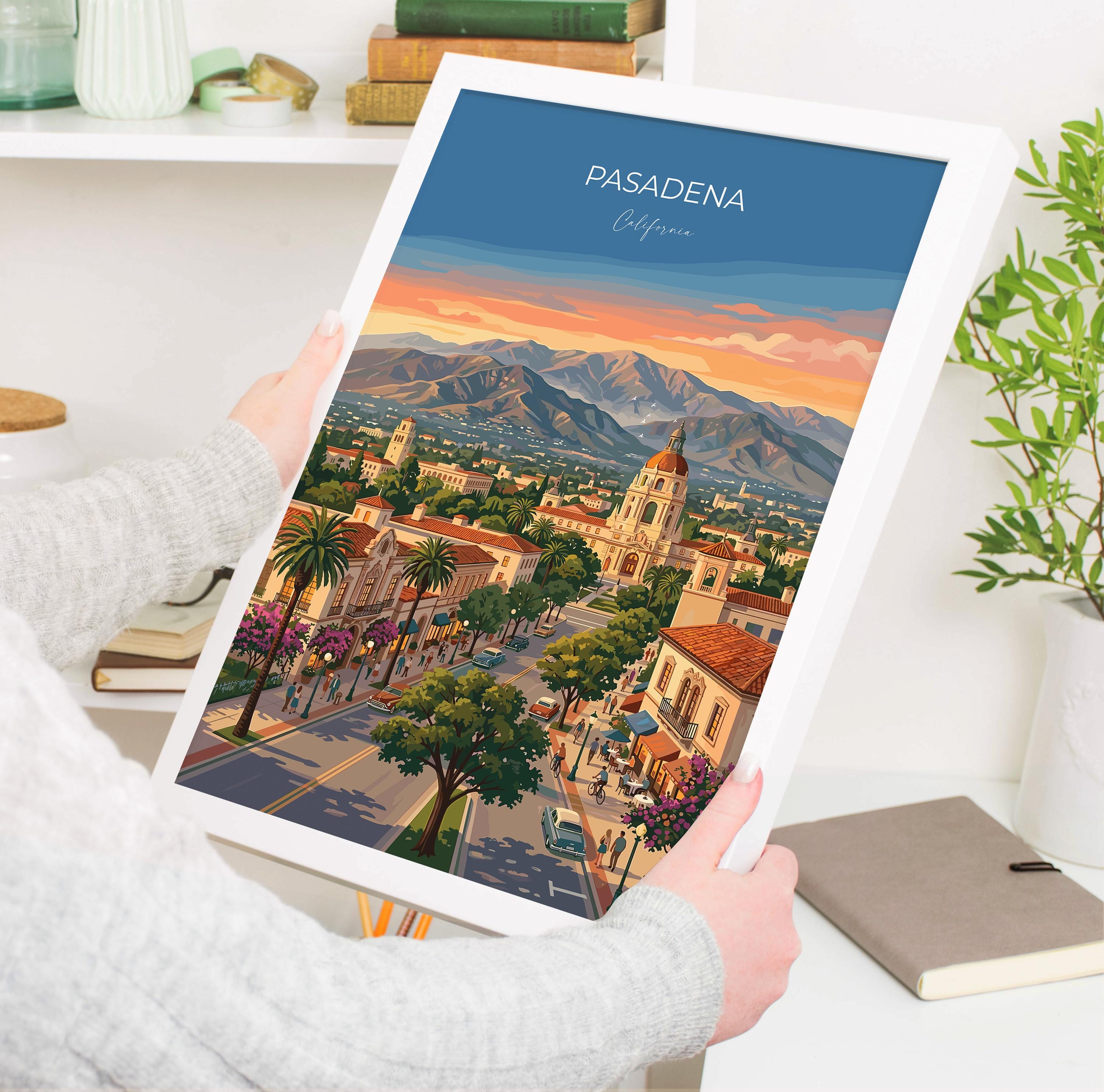 Pasadena California Travel Print, City Hall Wall Art, Southern California Poster, Historic Architecture Illustration, Vintage USA Decor